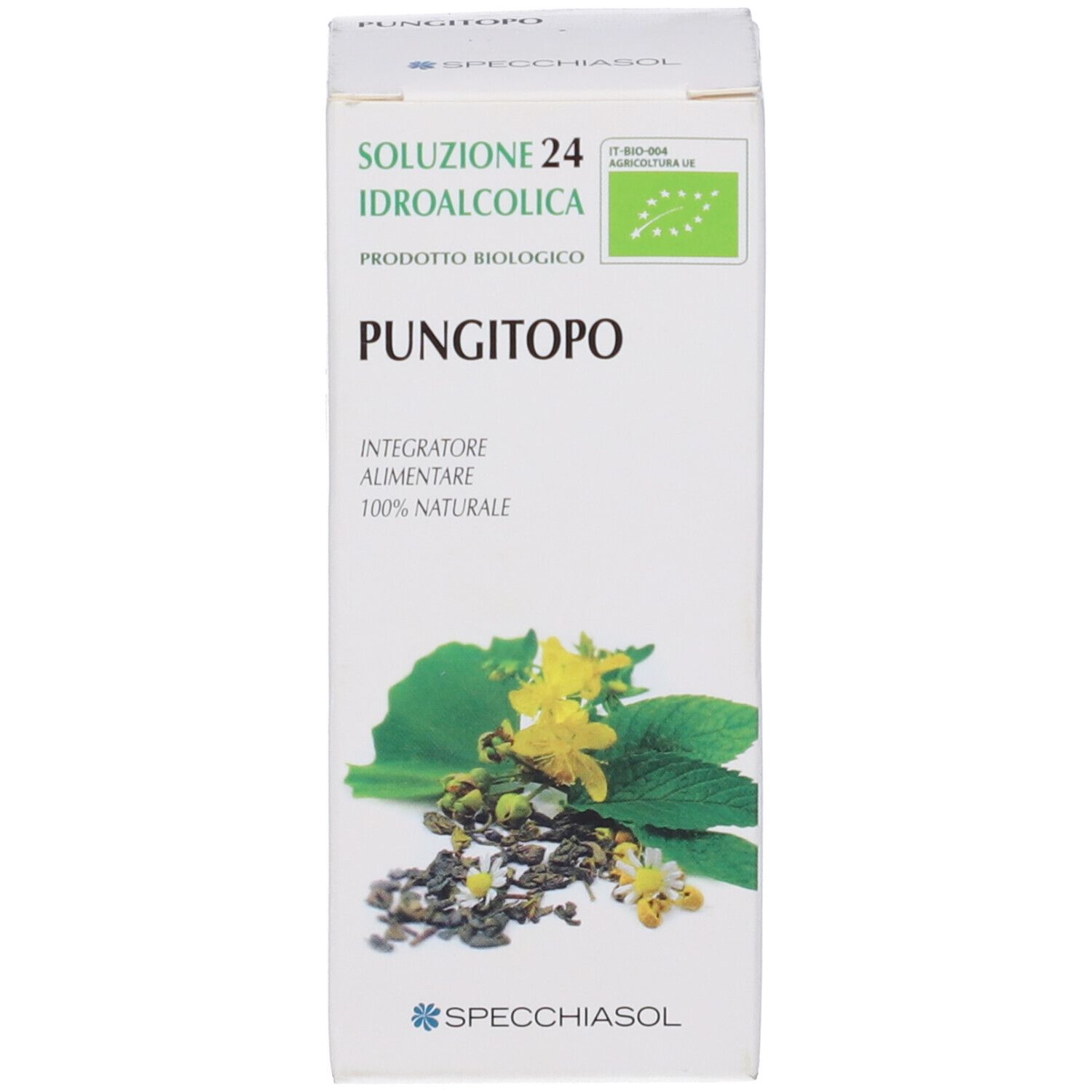 Scatola con scritta: Soluzione 24 Idroalcolica Pungitopo, prodotto, 100% naturale.