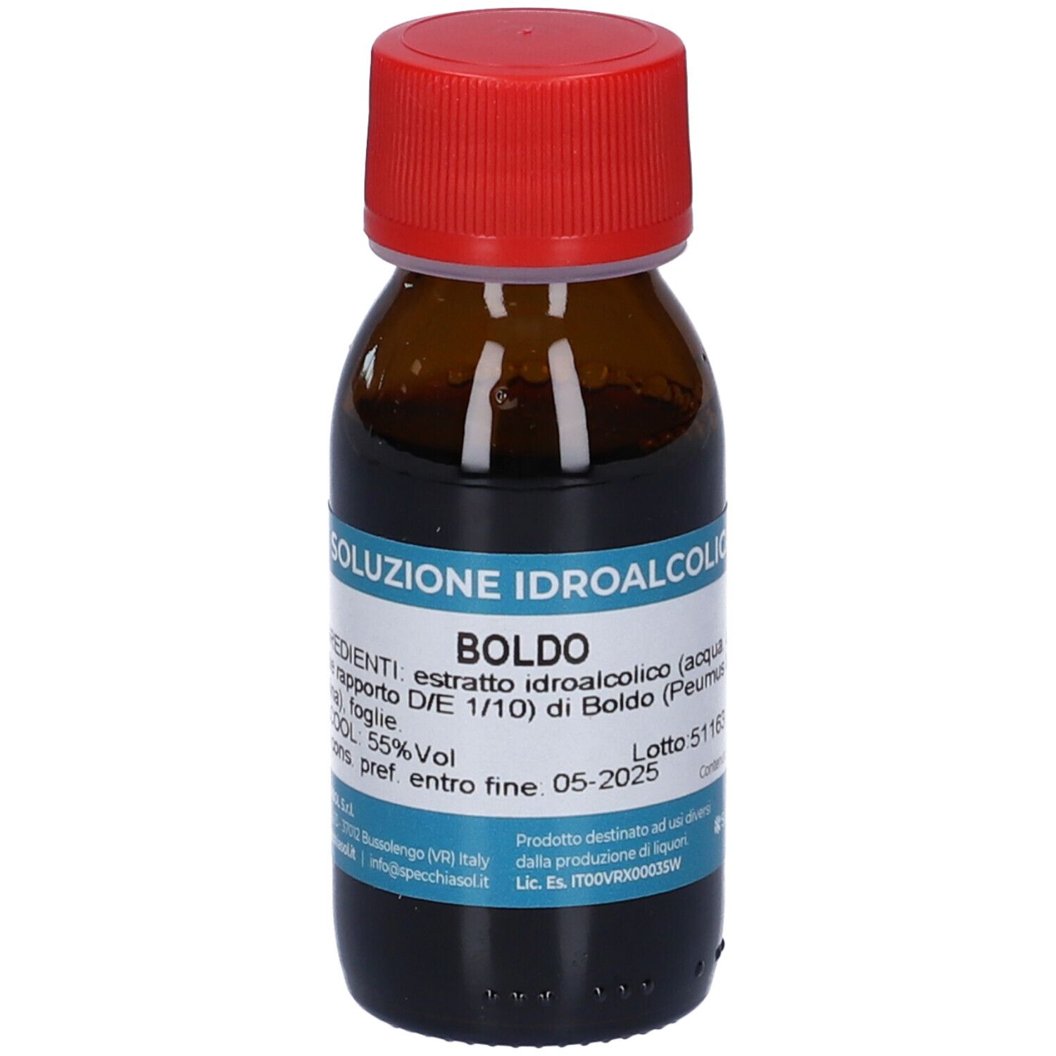 Bottiglia di vetro marrone con tappo rosso. Scritta: Boldo, Soluzione Idroalcolica. Marchio: Specchiasol.