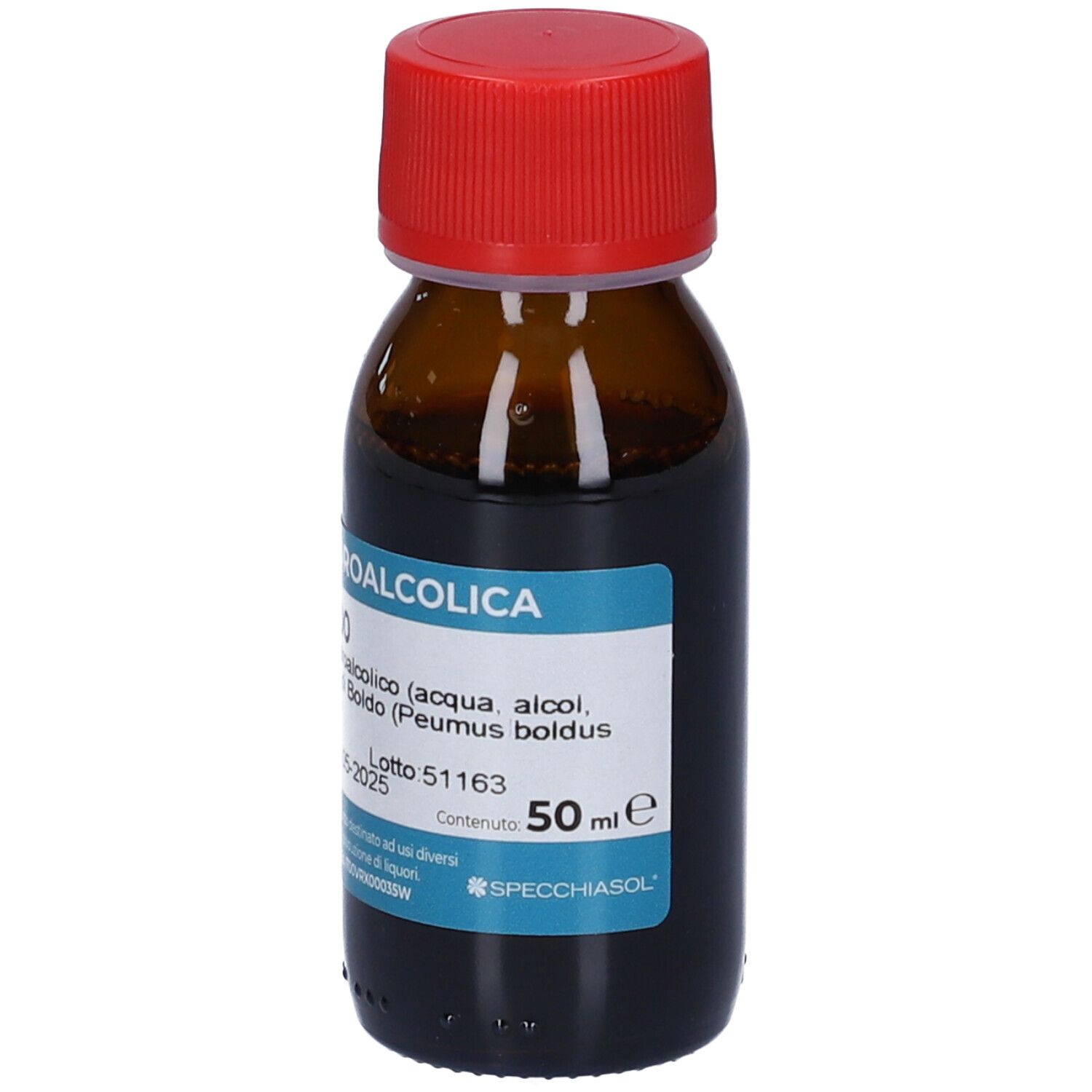 Bottiglia di vetro marrone con tappo rosso. Scritta: Boldo, Soluzione Idroalcolica. Marchio: Specchiasol.