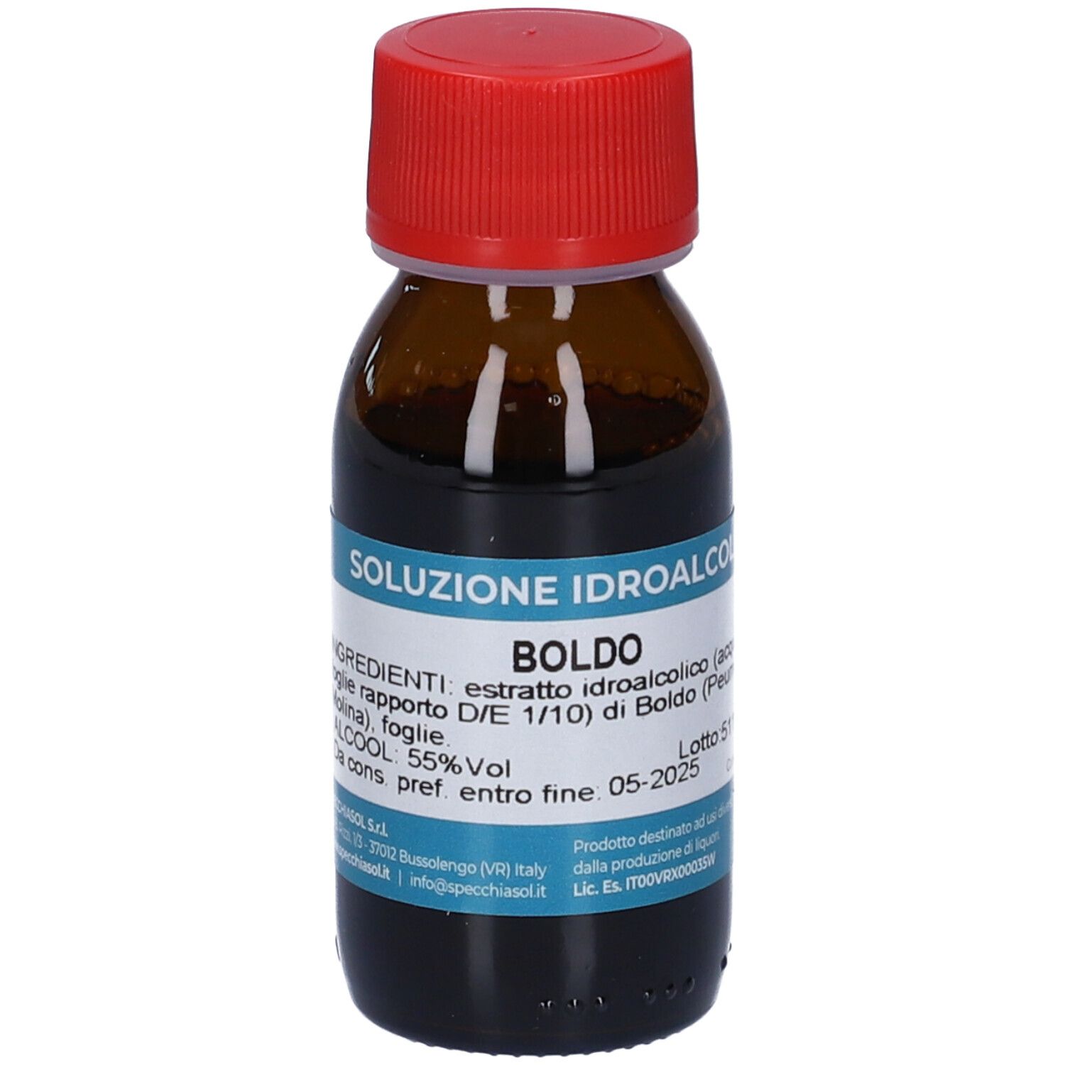 Bottiglia di vetro marrone con tappo rosso. Scritta: Boldo, Soluzione Idroalcolica. Marchio: Specchiasol.
