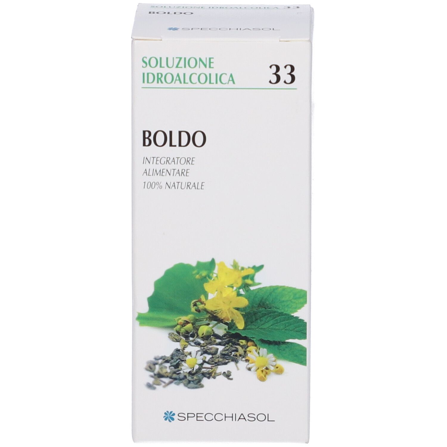 Scatola con scritta: Boldo, Soluzione Idroalcolica. Marchio: Specchiasol. Illustrazione di foglie e fiori.