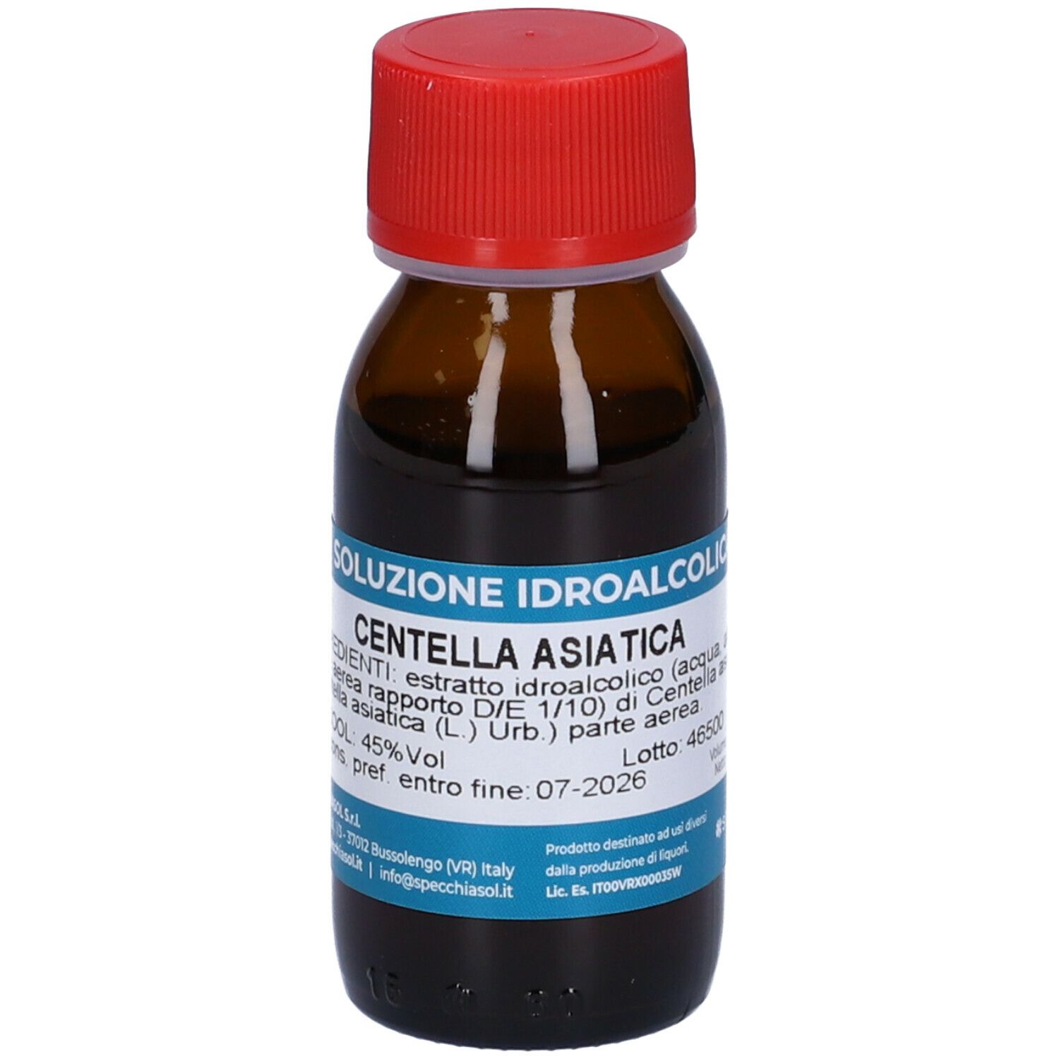 Flacone di vetro marrone con tappo rosso. Etichetta con testo: Centella Asiatica, Soluzione Idroalcolica. Marchio Specchiasol.