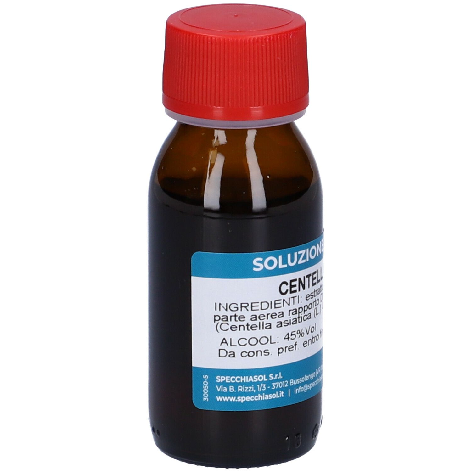 Flacone di vetro marrone con tappo rosso. Etichetta con testo: Centella Asiatica, Soluzione Idroalcolica. Marchio Specchiasol.