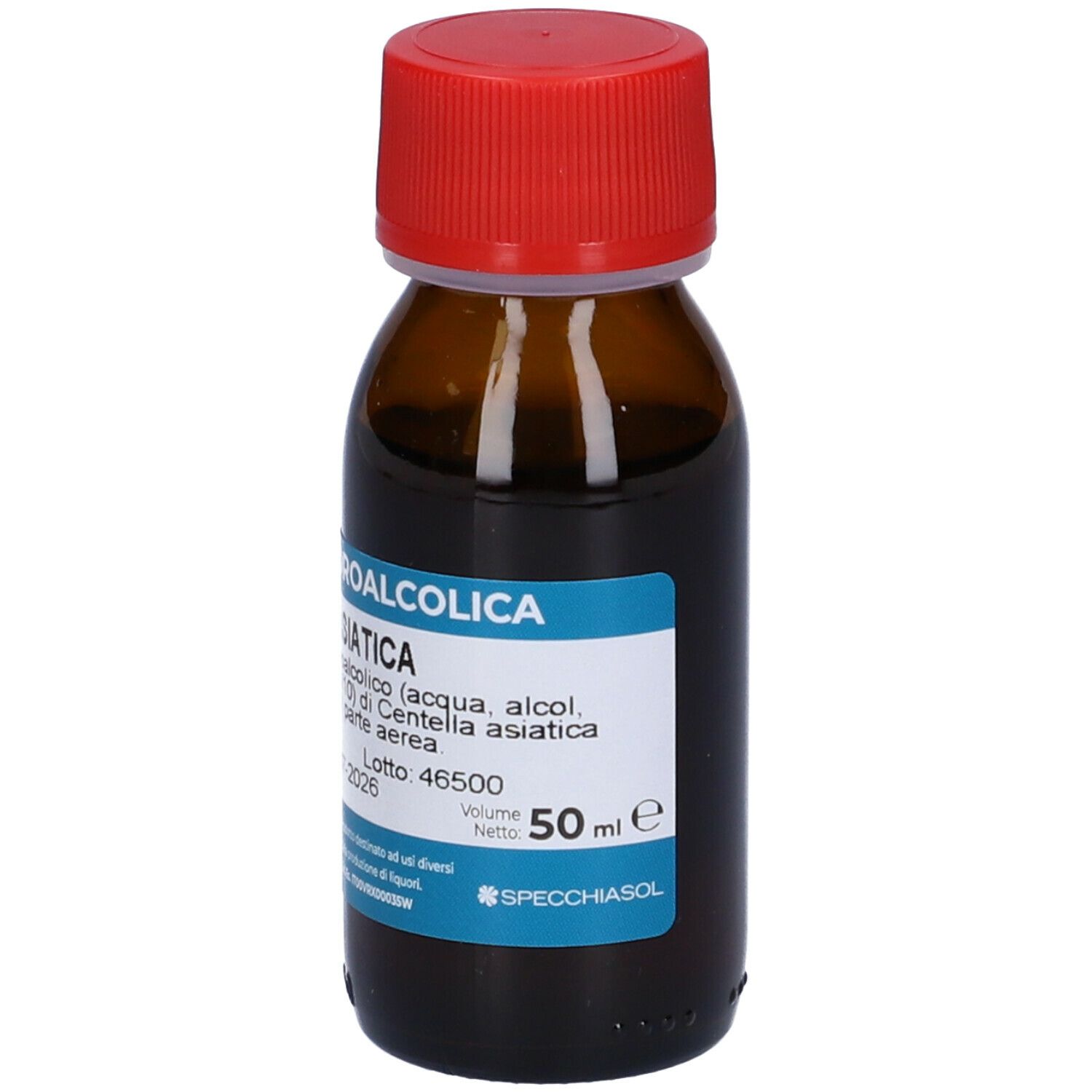 Flacone di vetro marrone con tappo rosso. Etichetta con testo: Centella Asiatica, Soluzione Idroalcolica. Marchio Specchiasol. 50 ml.
