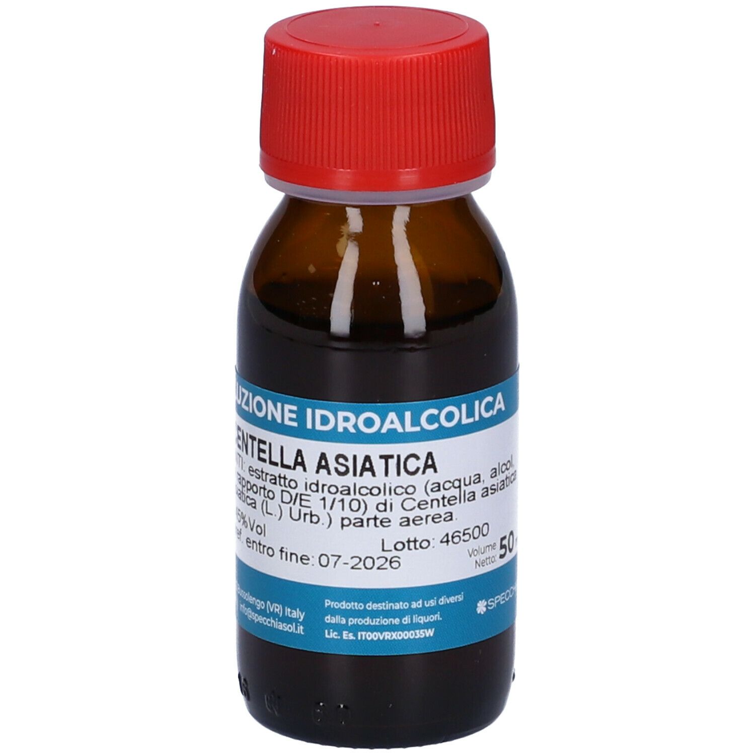 Flacone di vetro marrone con tappo rosso. Etichetta con testo: Centella Asiatica, Soluzione Idroalcolica. Marchio Specchiasol.
