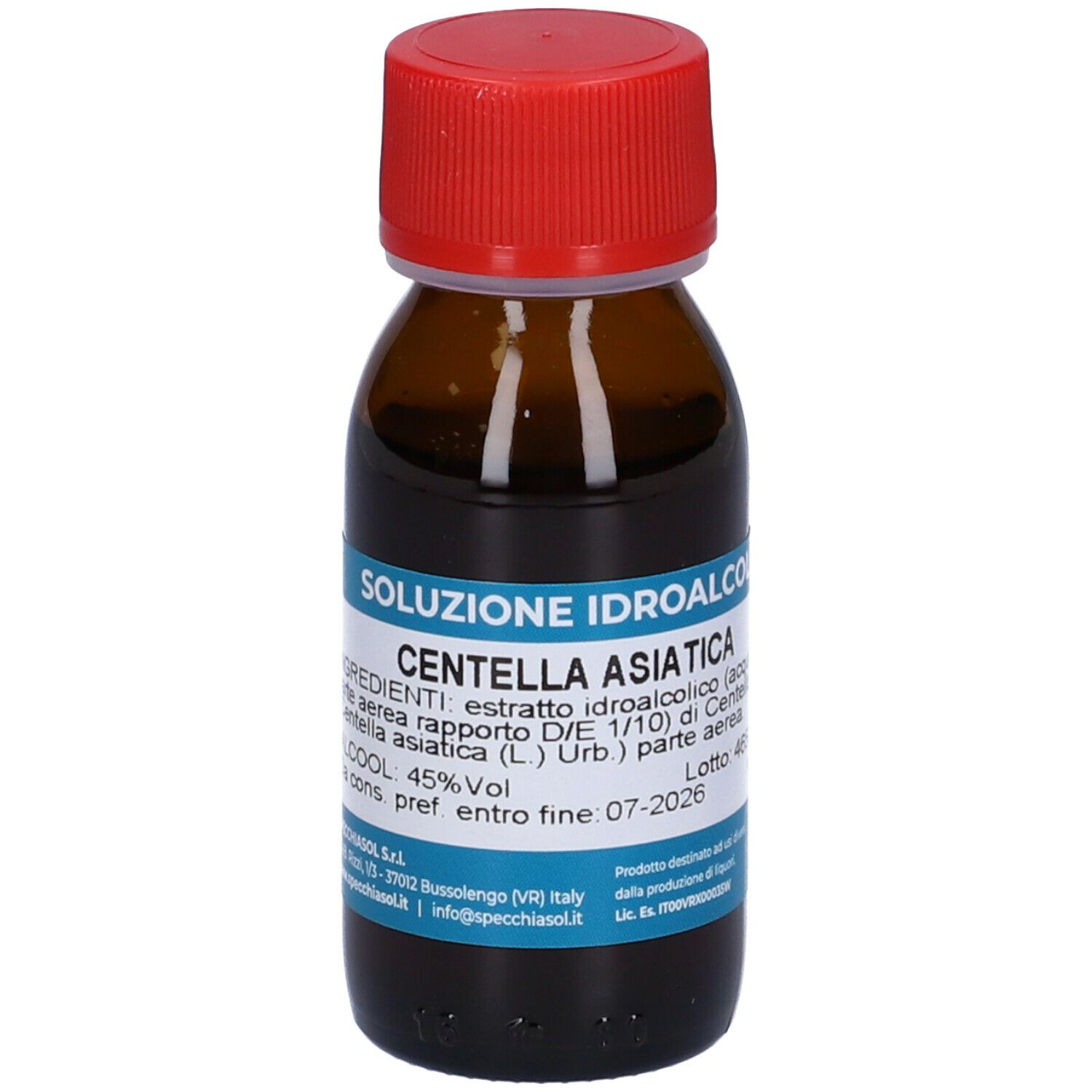Flacone di vetro marrone con tappo rosso. Etichetta con testo: Centella Asiatica, Soluzione Idroalcolica. Marchio Specchiasol.