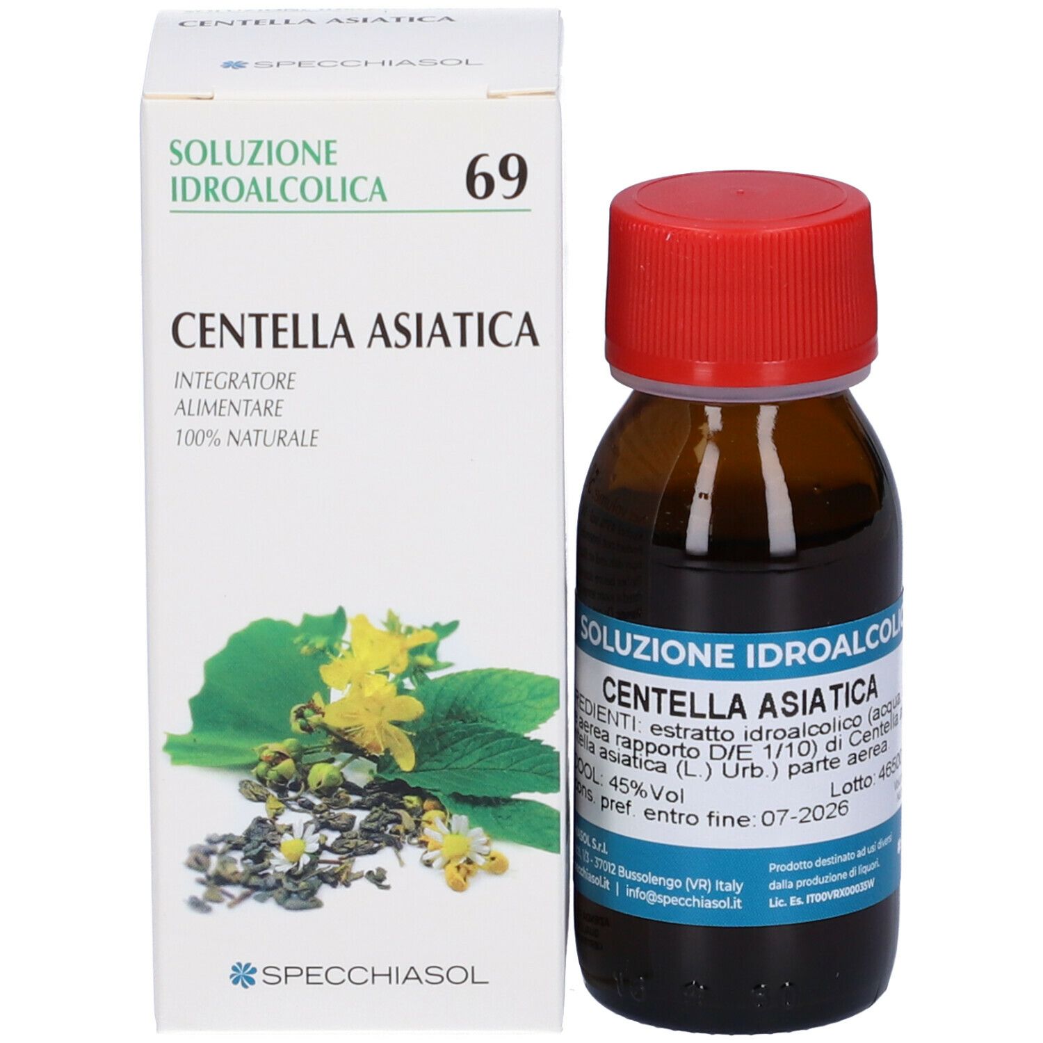 Confezione prodotto con flacone e scatola. Flacone: marrone, rosso. Scatola: bianca, verde, gialla. Testo: Centella Asiatica, 69, Specchiasol.
