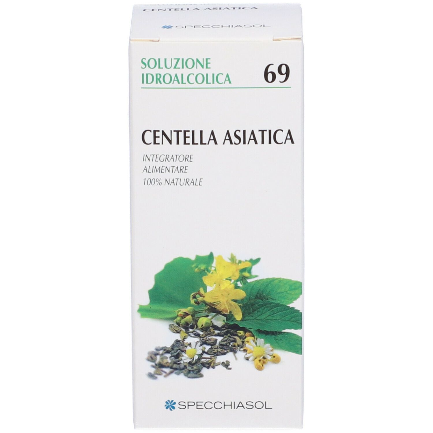 Confezione prodotto bianca con testo: Centella Asiatica, 69, Soluzione Idroalcolica. Marchio Specchiasol. Illustrazione di piante.