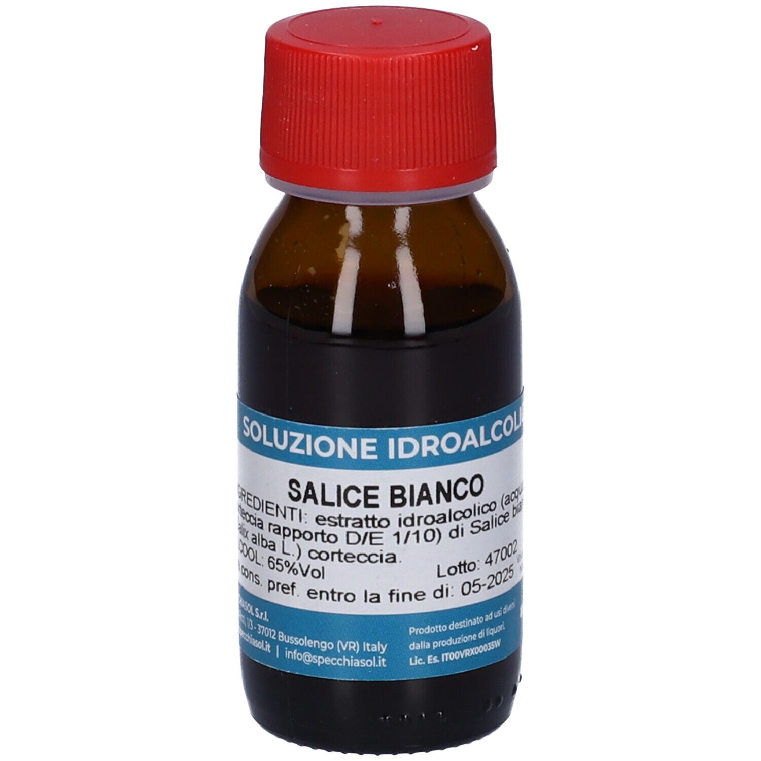 Flacone in vetro marrone con tappo rosso. Scritta: Salice Bianco. Etichetta con ingredienti e data di scadenza.