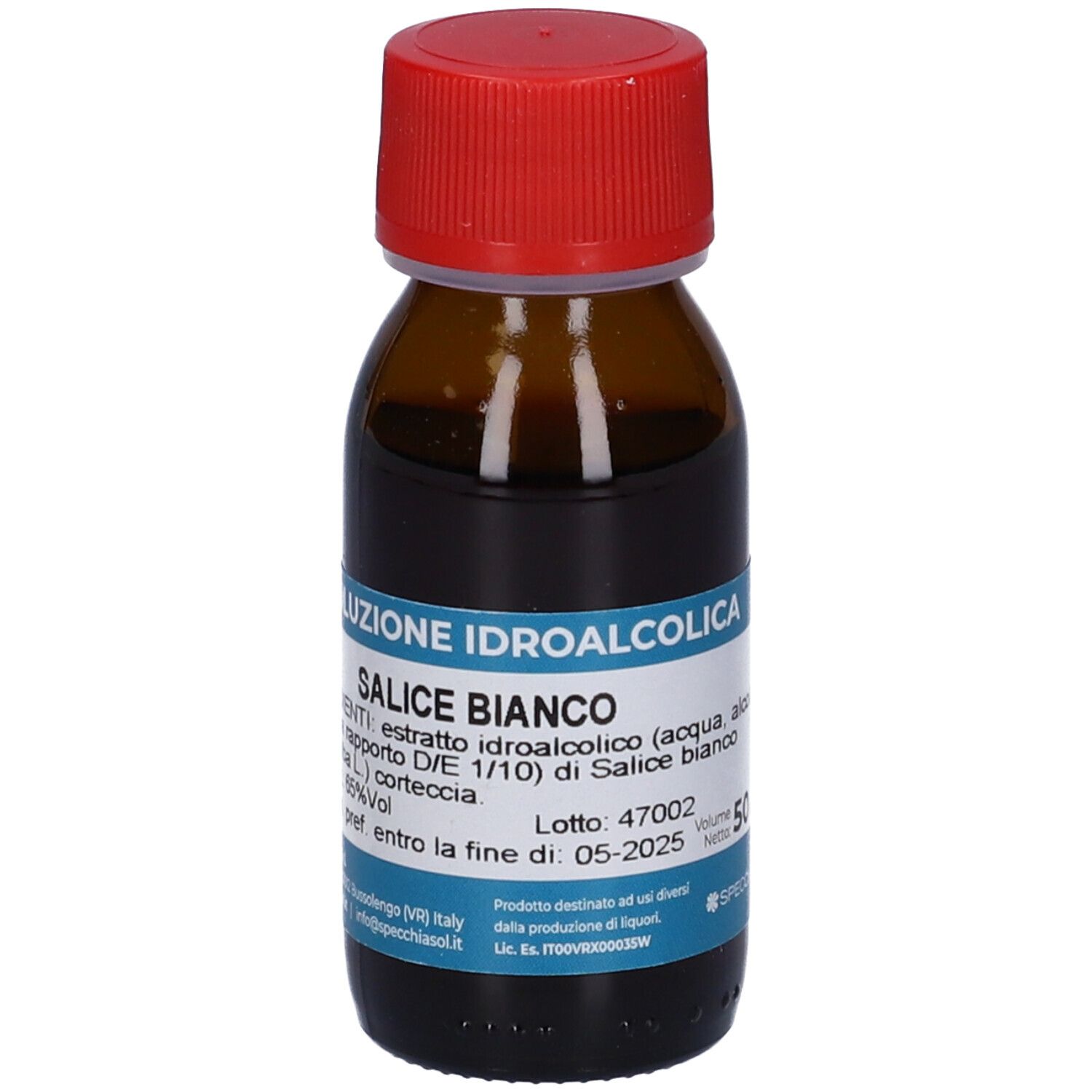 Flacone in vetro marrone con tappo rosso. Scritta: Salice Bianco. Etichetta con ingredienti e data di scadenza.