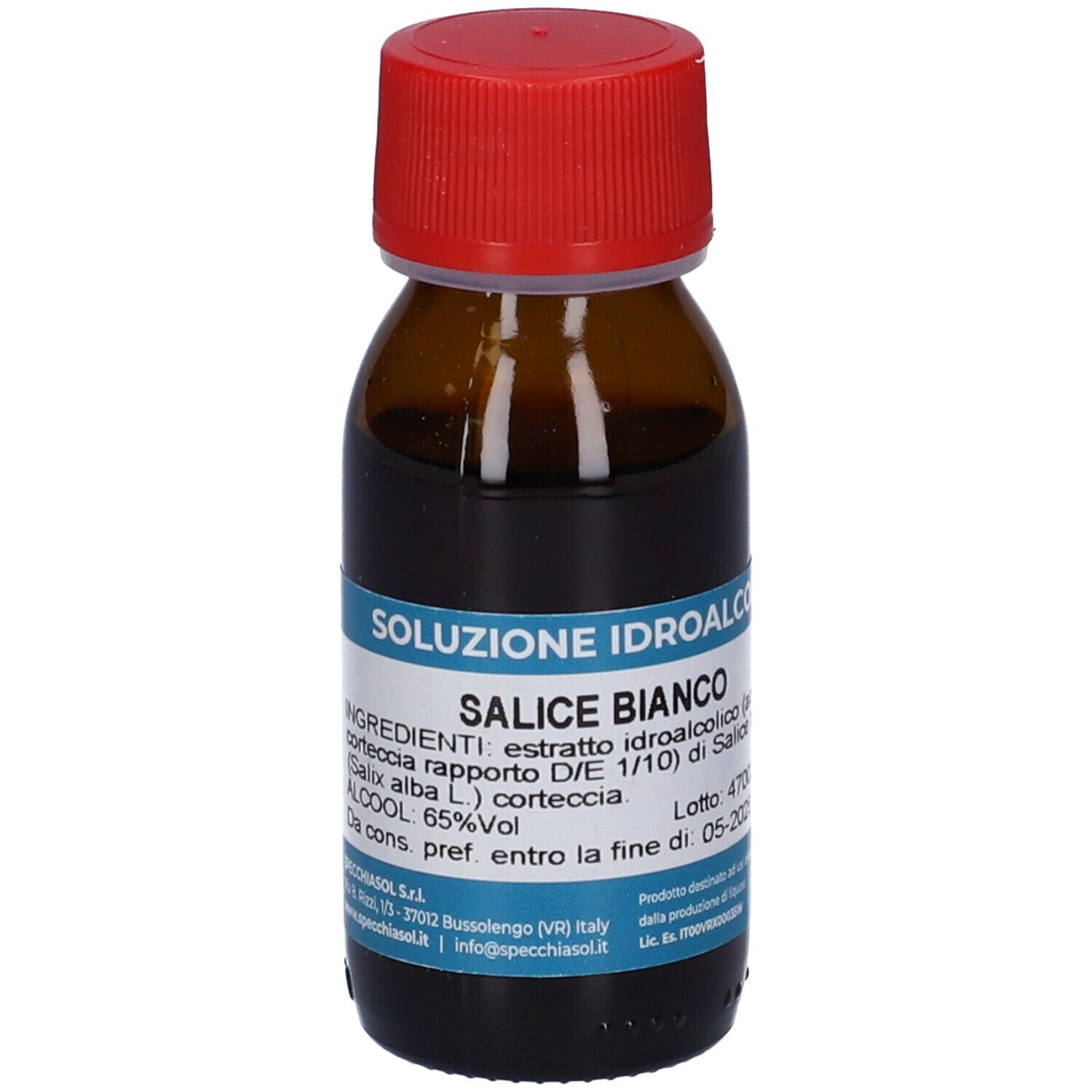 Flacone in vetro marrone con tappo rosso. Scritta: Salice Bianco. Etichetta con ingredienti e data di scadenza.