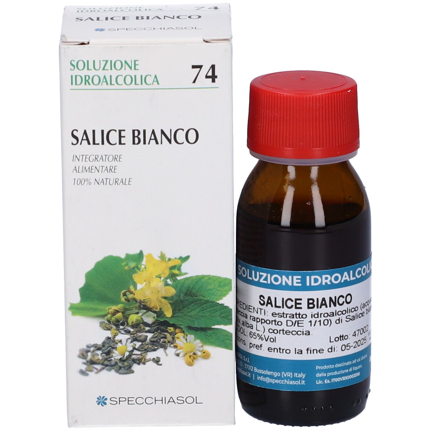 Flacone in vetro marrone con tappo rosso e confezione. Scritta: Salice Bianco. Etichetta con ingredienti e data di scadenza.