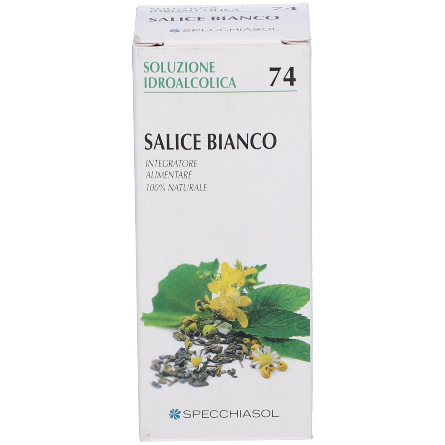 Confezione con scritta: Salice Bianco. Illustrazione di foglie e fiori. Marchio: Specchiasol.
