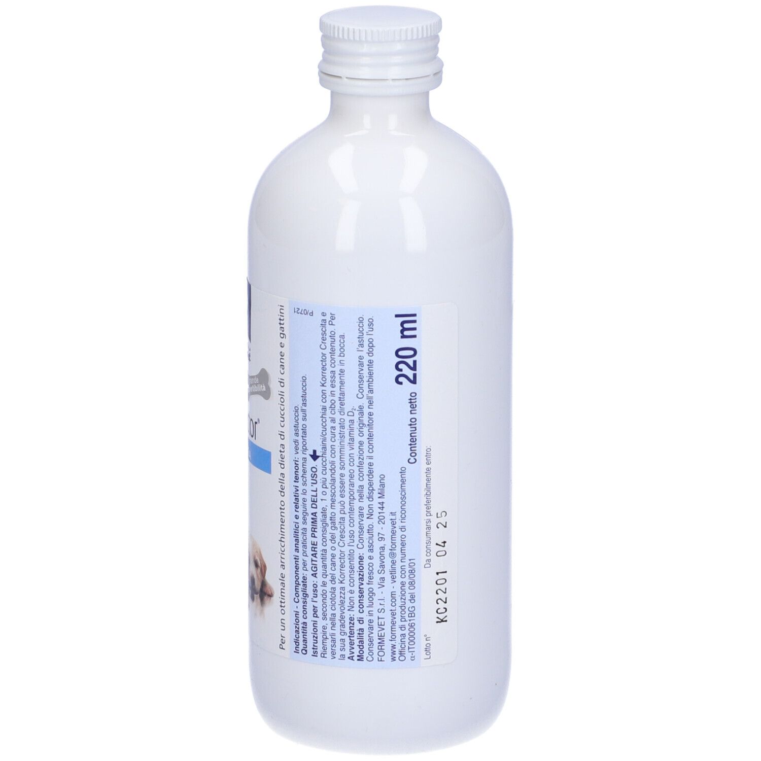 Bottiglia bianca Korrector Crescita. Etichetta con informazioni. Tappo bianco. Contenuto 220 ml.