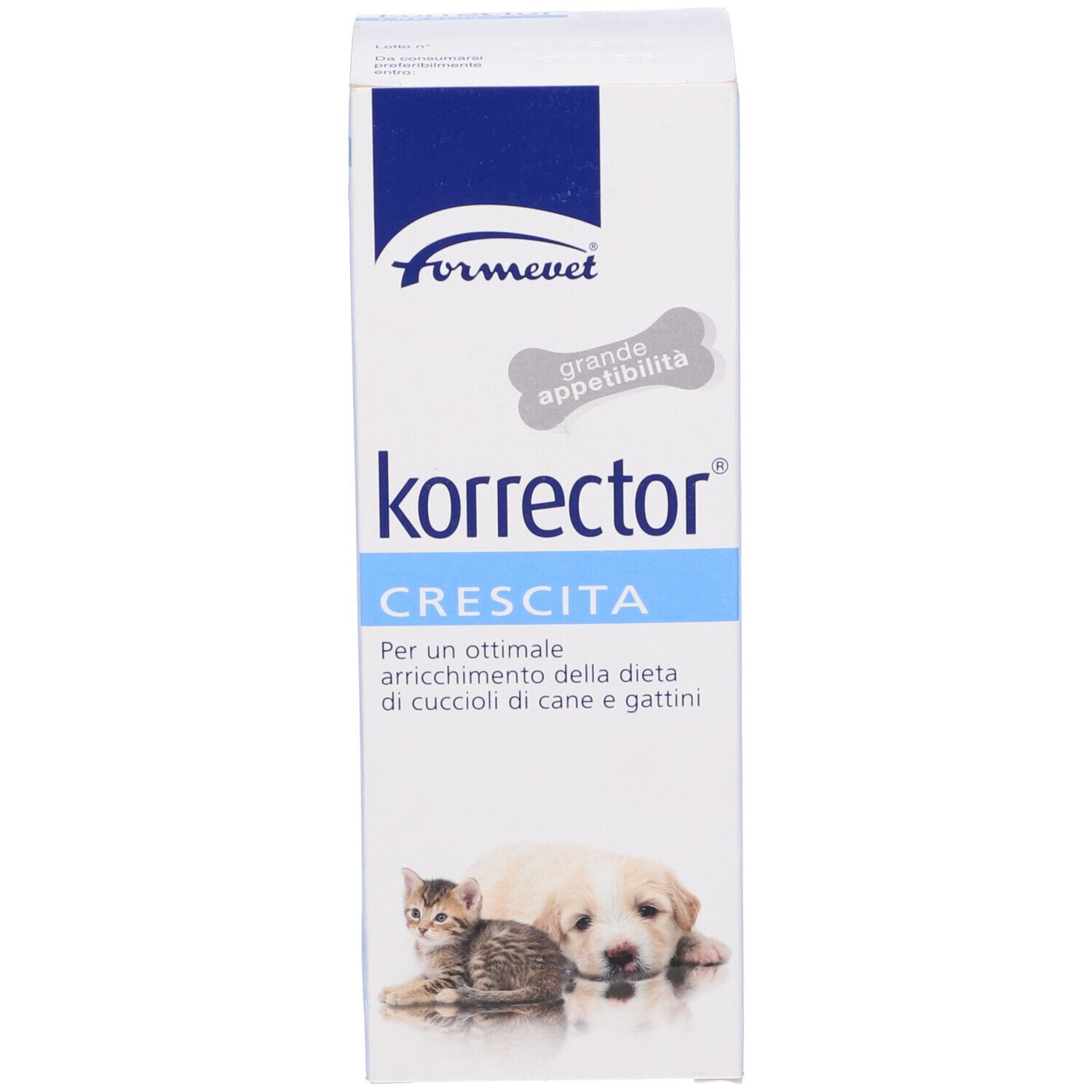 Confezione Korrector Crescita. Informazioni sul prodotto e immagini di cucciolo e gattino.