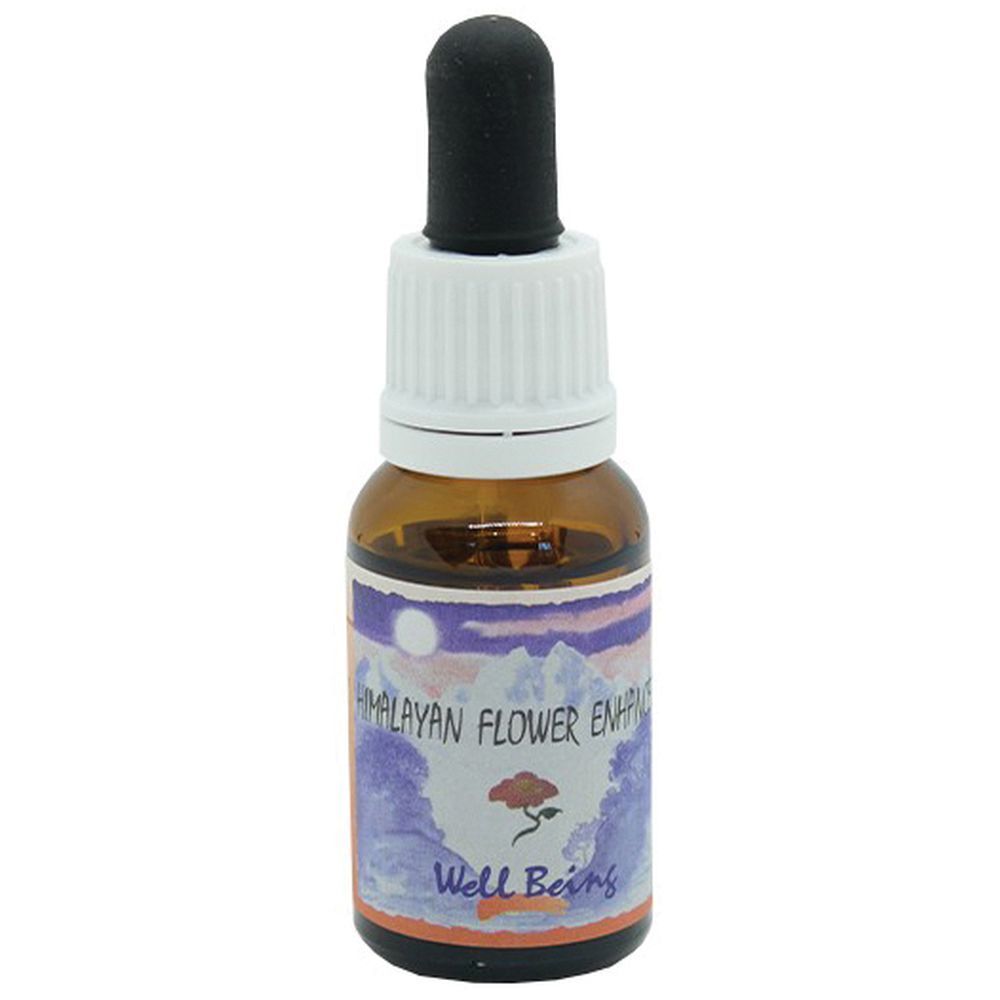Flacone di vetro marrone con contagocce nero. Etichetta con paesaggio e scritta "Well Being".