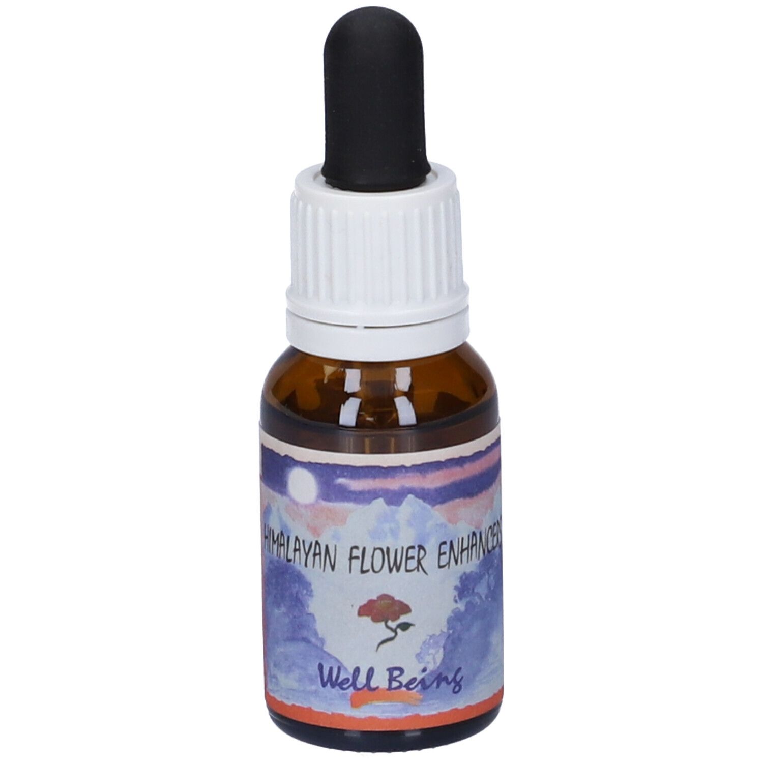 Flacone di vetro marrone con contagocce nero. Etichetta con paesaggio e scritta "Well Being".