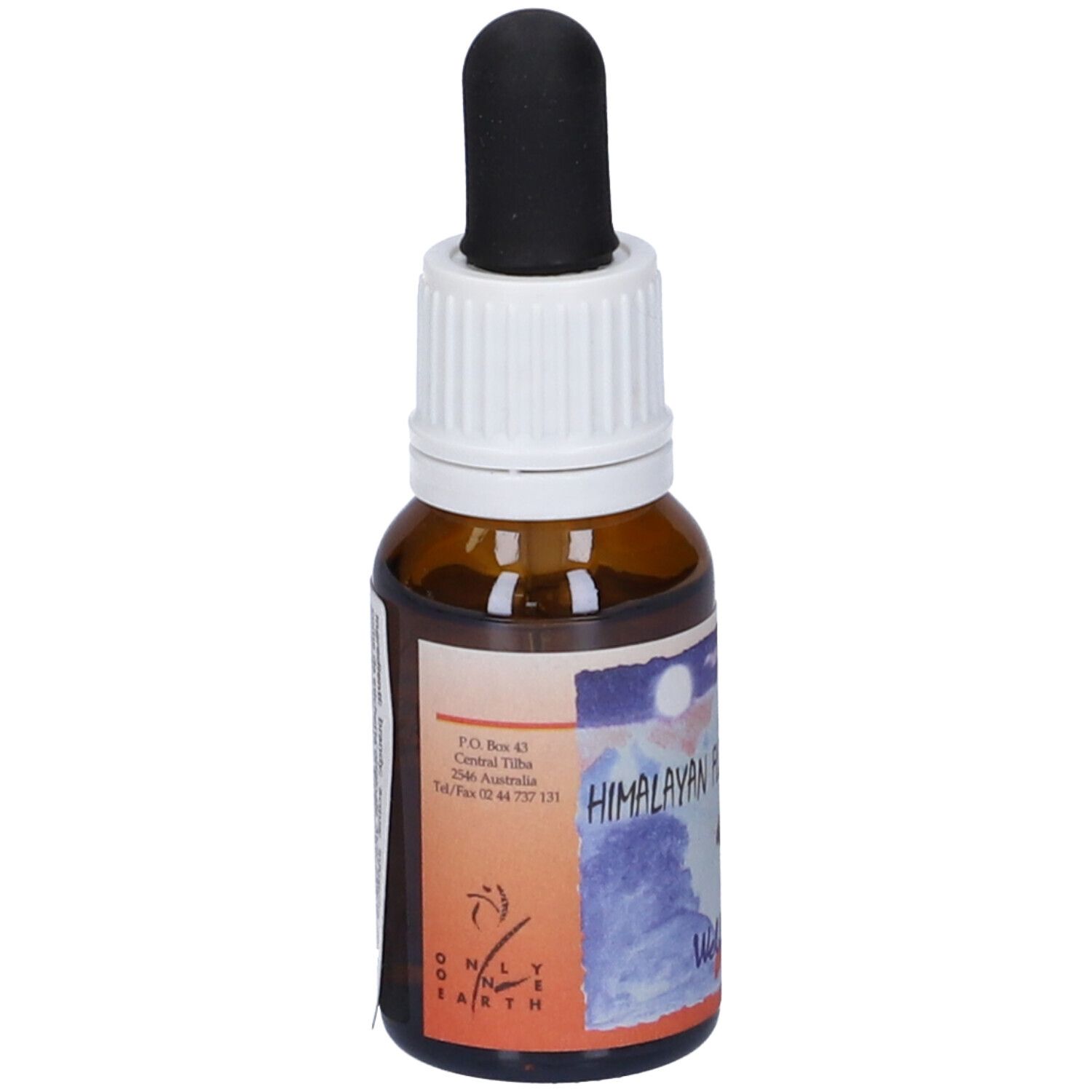 Flacone di vetro marrone con contagocce nero. Etichetta con paesaggio e scritta "Well Being".