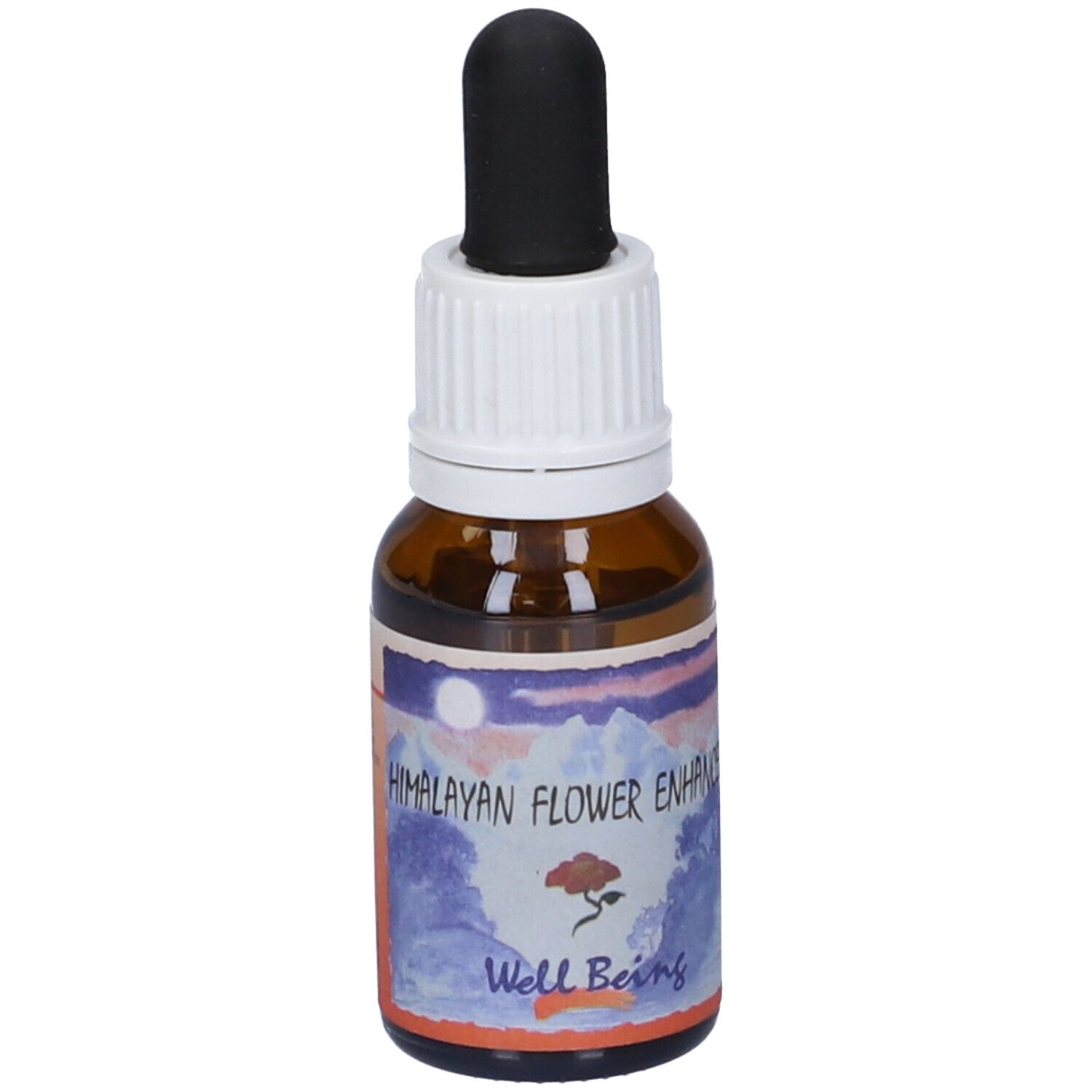 Flacone di vetro marrone con contagocce nero. Etichetta con paesaggio e scritta "Well Being".