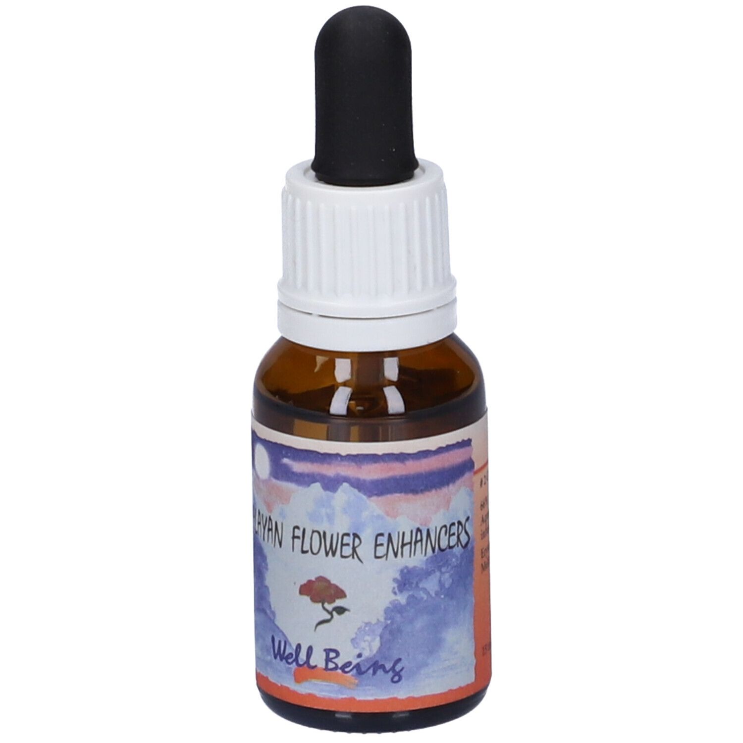 Flacone di vetro marrone con contagocce nero. Etichetta con paesaggio e scritta "Well Being".