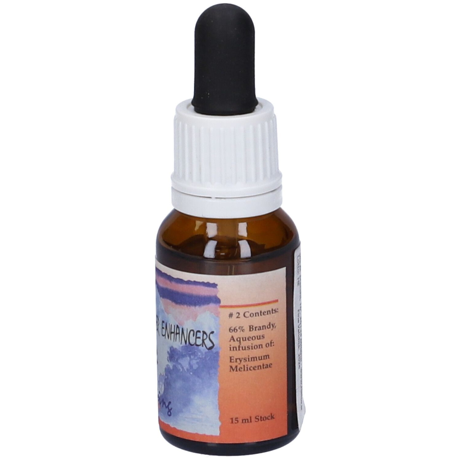 Flacone di vetro marrone con contagocce nero. Etichetta con testo e informazioni sul contenuto. "15 ml Stock".