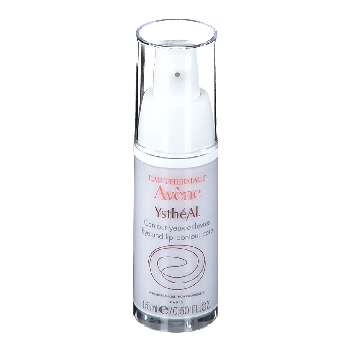 Flacon blanc avec bouchon transparent. Inscription: Eau Thermale Avène YsthéAL. 15 ml.