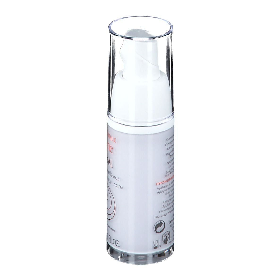 Flacon blanc avec bouchon transparent. Inscriptions et texte au dos. 15 ml.