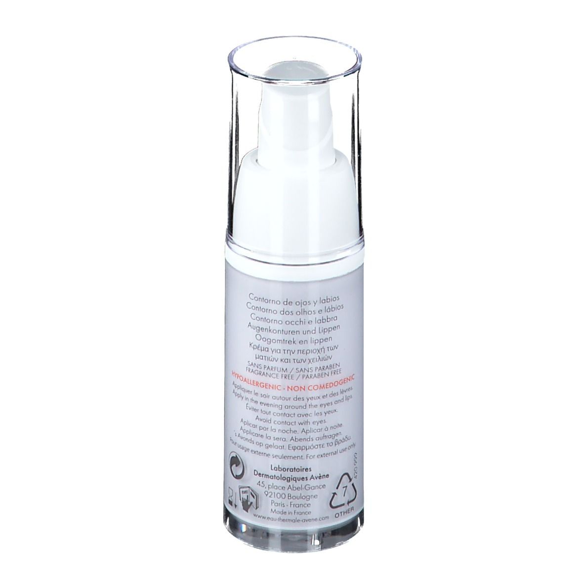 Flacon blanc avec bouchon transparent. Verso avec texte. 15 ml.