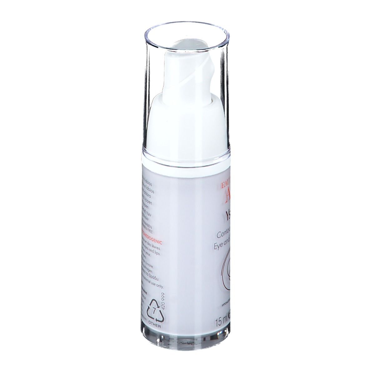 Flacon blanc avec bouchon transparent. Inscriptions et texte. 15 ml.