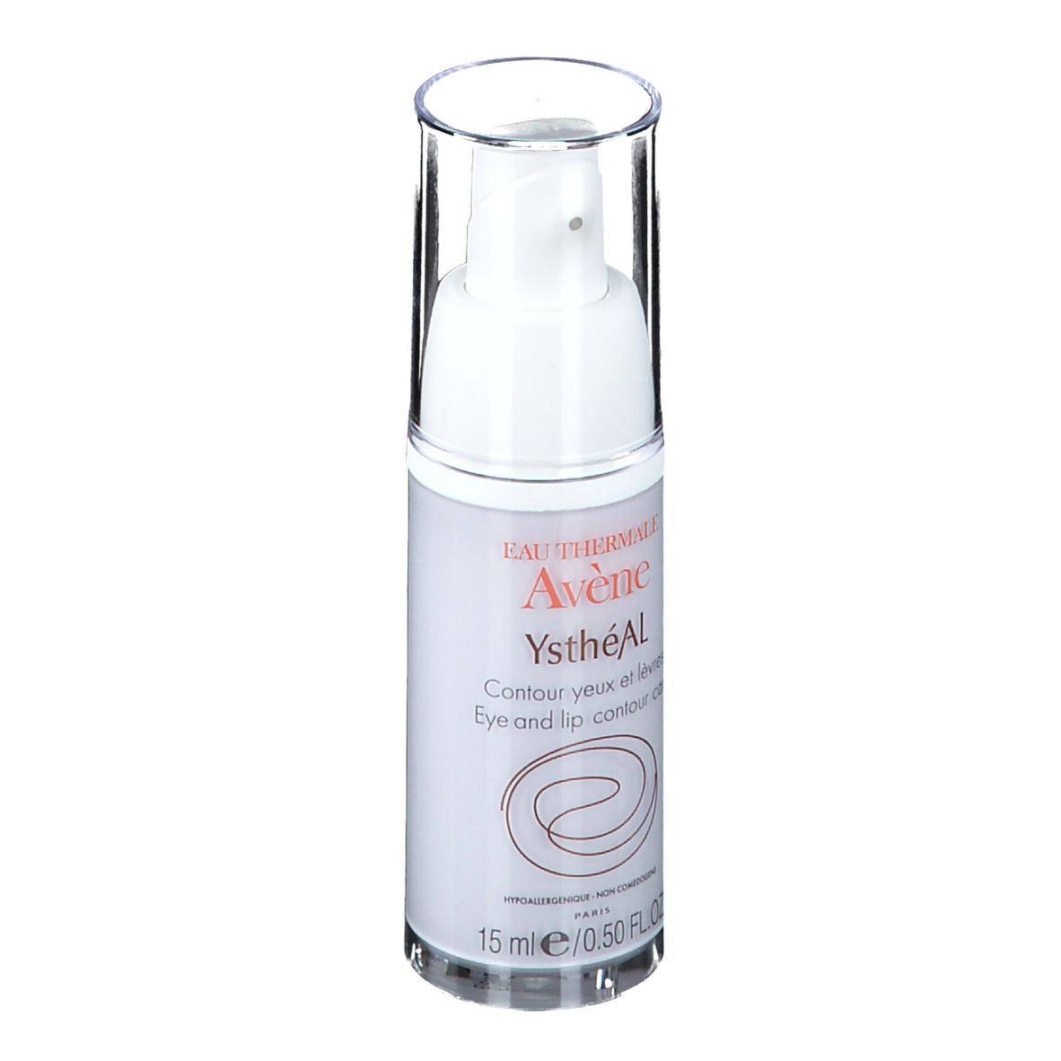 Flacon blanc avec bouchon transparent. Inscription: Eau Thermale Avène YsthéAL. 15 ml.