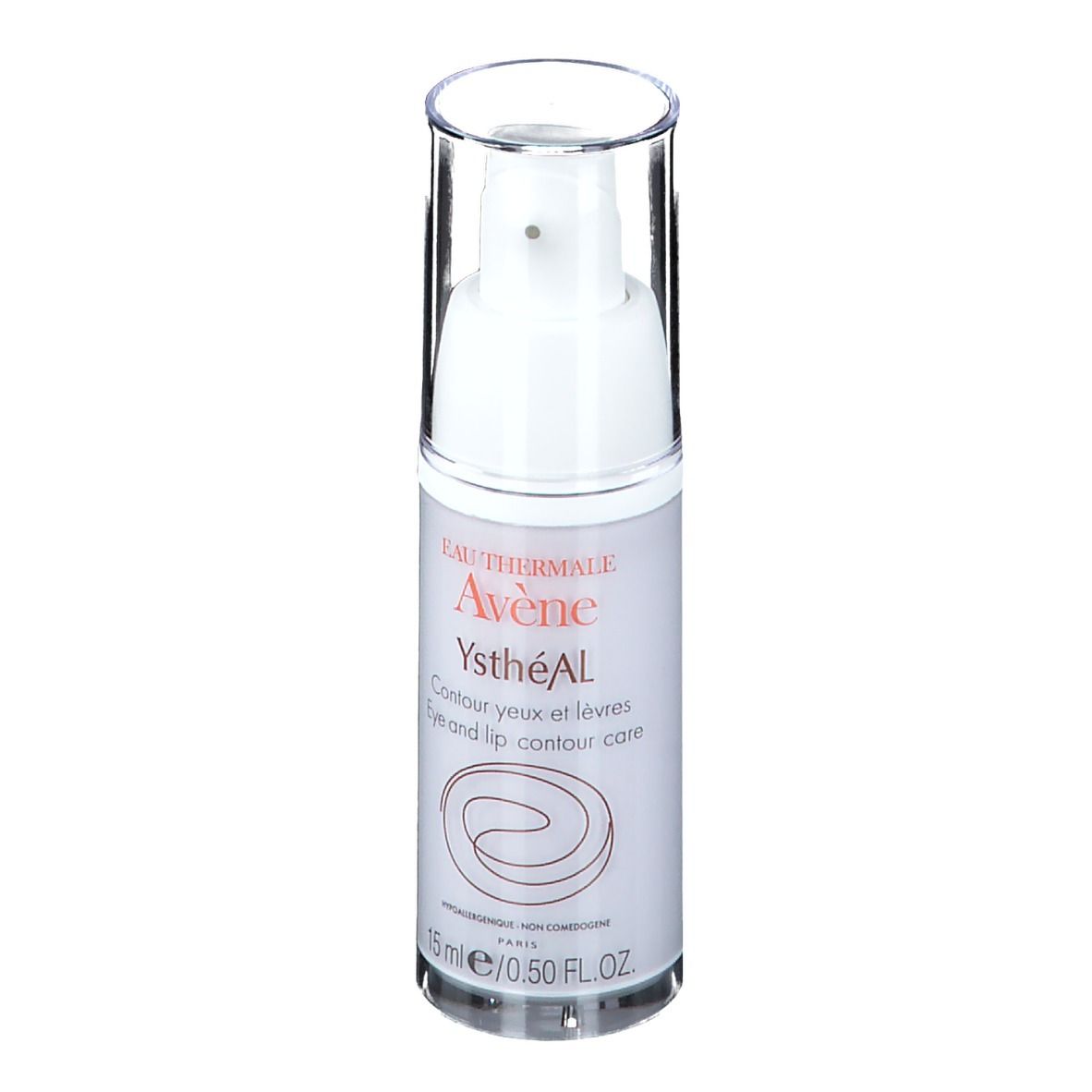 Flacon blanc avec bouchon transparent. Inscription: Eau Thermale Avène YsthéAL. 15 ml.