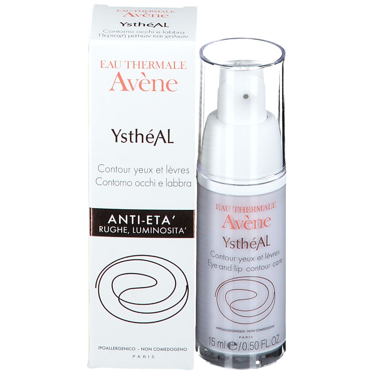 Flacon et emballage. Inscription: Eau Thermale Avène YsthéAL. Anti-âge.