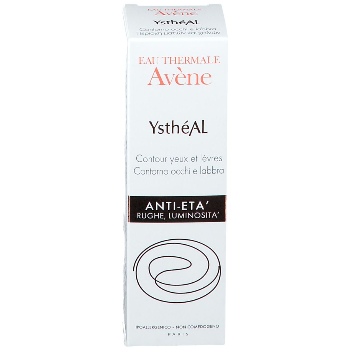 Emballage du produit. Inscription: Eau Thermale Avène YsthéAL. Anti-âge.