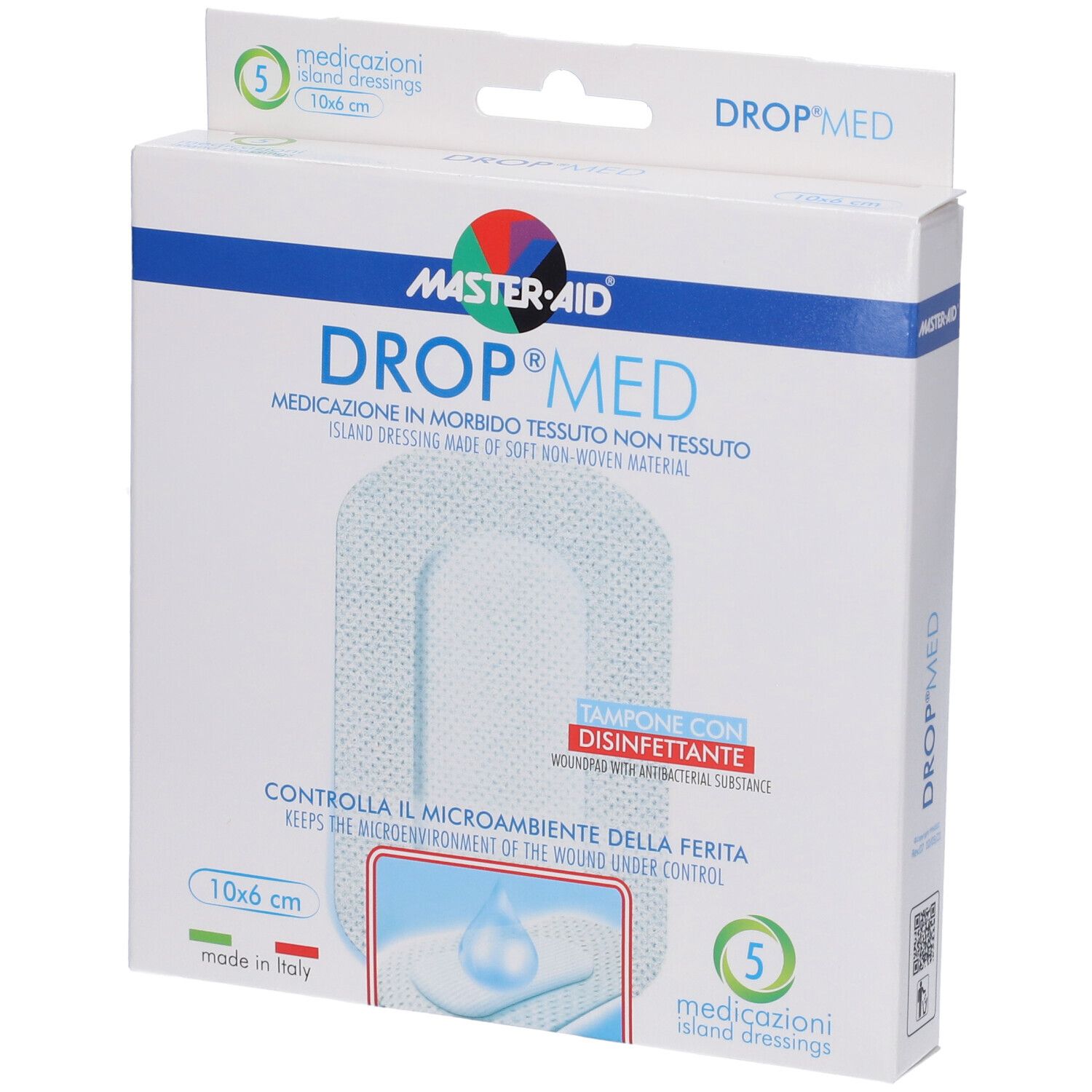 Verpackung von Master-Aid Drop Med, 10x6 cm Tupfer mit Desinfektionsmittel. Enthält 5 Stück. Marke und Produktname deutlich sichtbar.