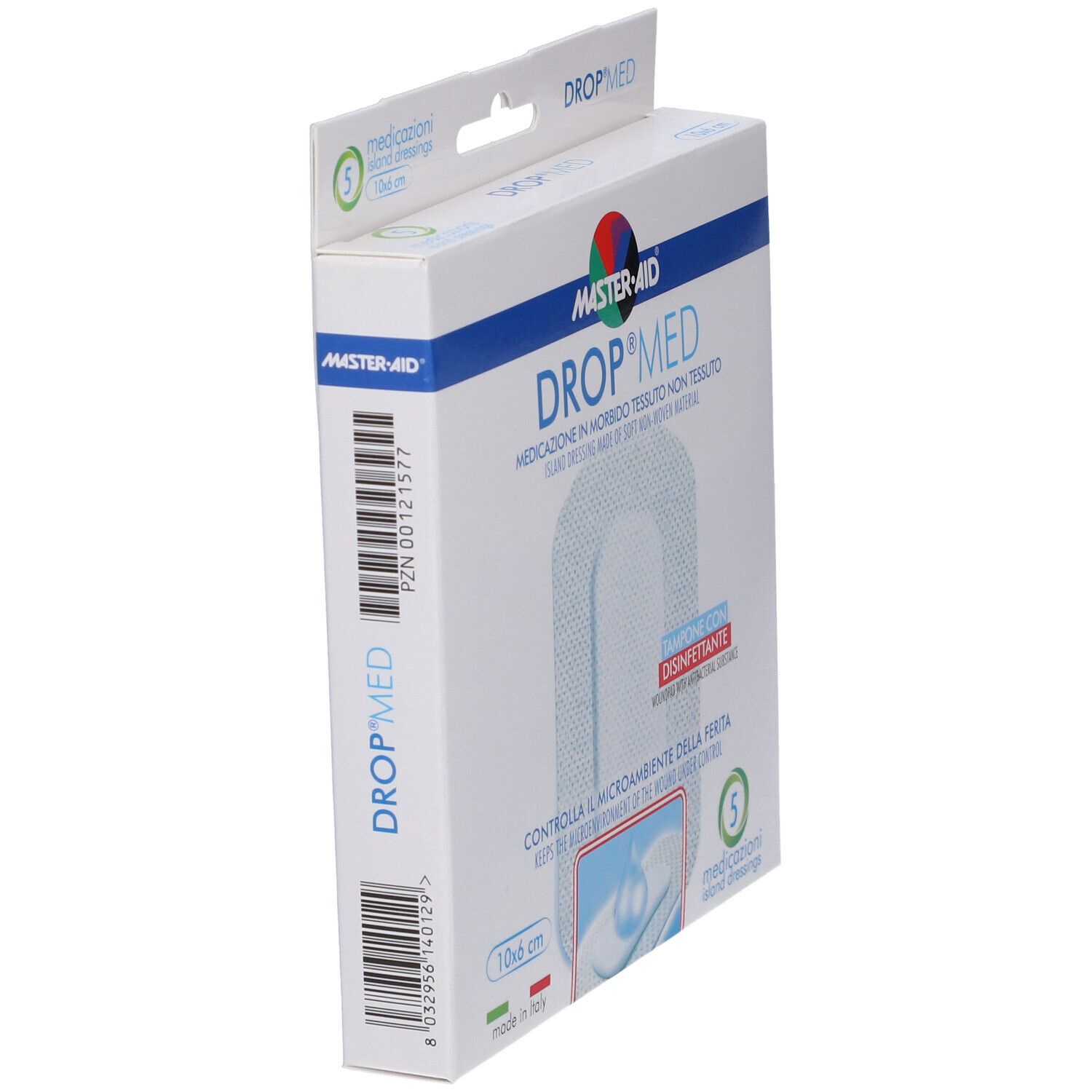 Seitenansicht der Verpackung von Master-Aid Drop Med. Barcode und Produktname sichtbar. Enthält 5 Stück. Größe 10x6 cm.
