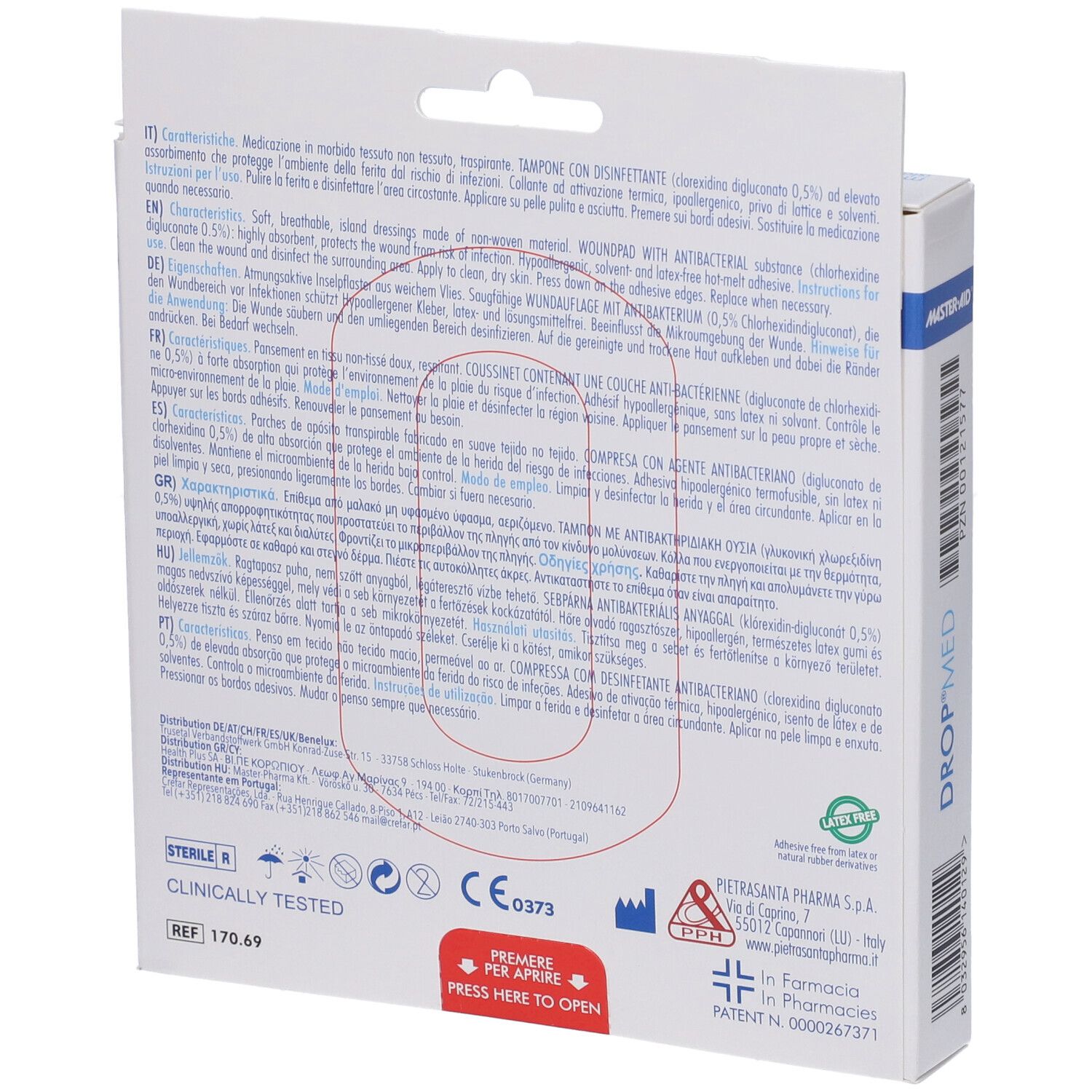 Rückseite der Verpackung von Master-Aid Drop Med. Text in mehreren Sprachen. Sterile Kennzeichnung und CE-Zeichen.