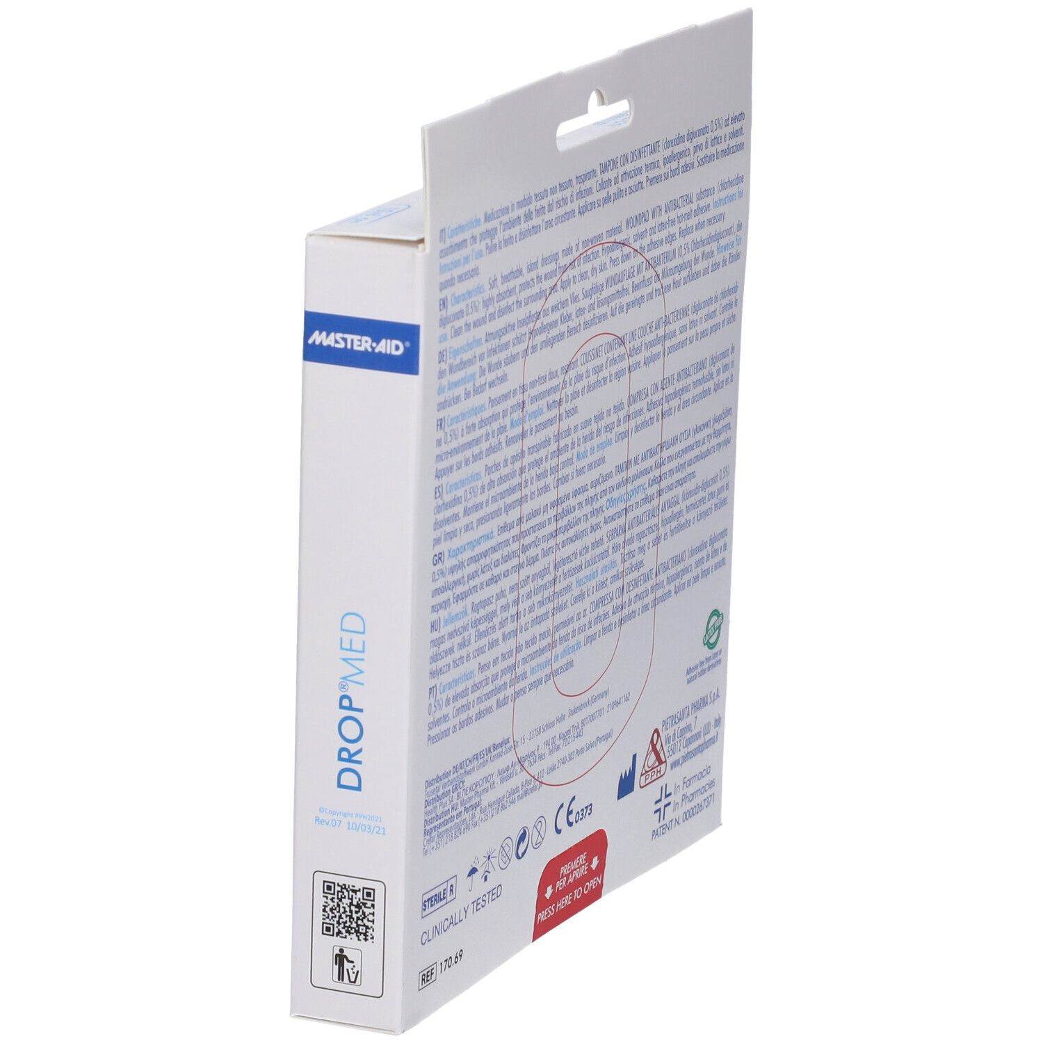 Seitenansicht der Verpackung von Master-Aid Drop Med. QR-Code und Text. Sterile Kennzeichnung und CE-Zeichen.