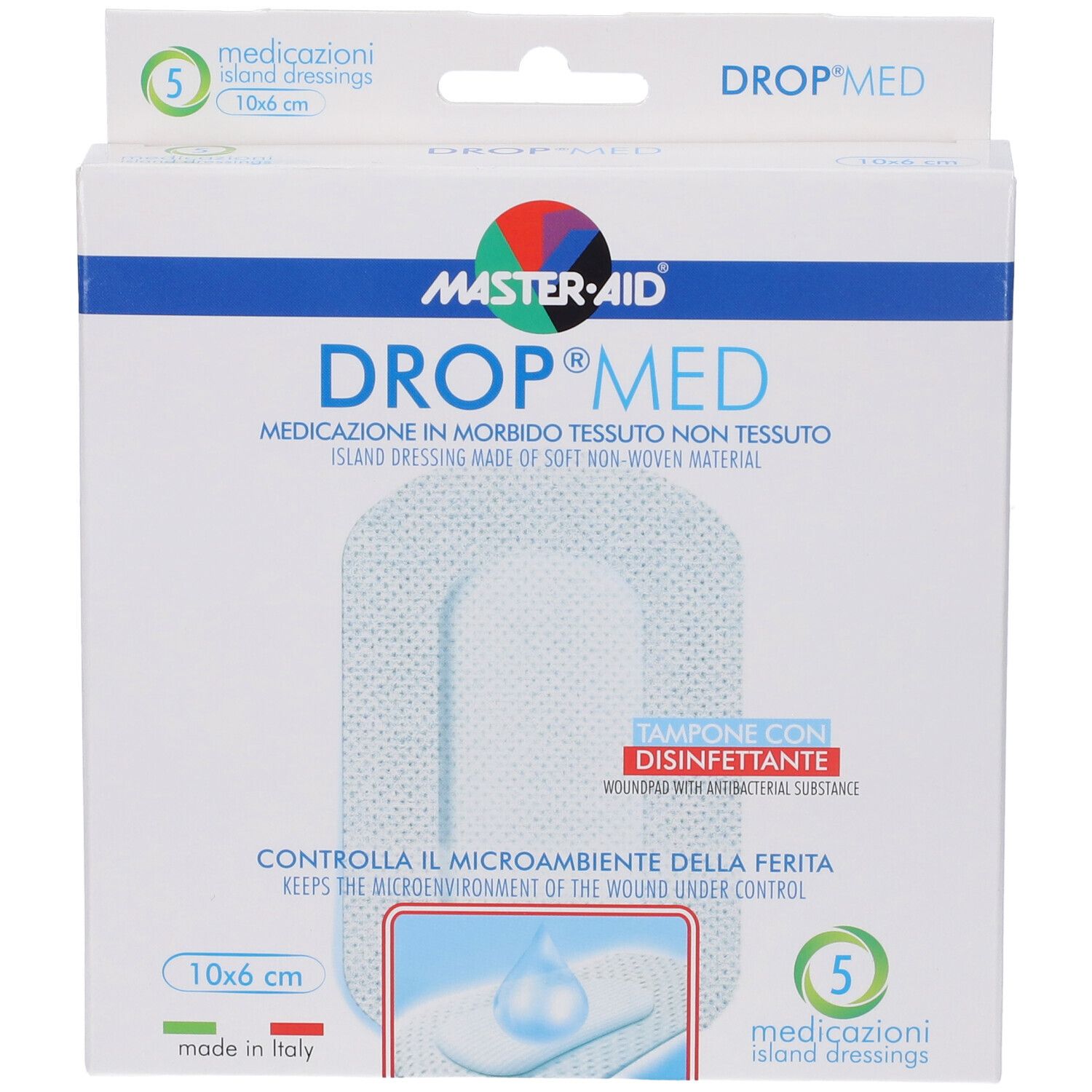 Verpackung von Master-Aid Drop Med, 10x6 cm Tupfer mit Desinfektionsmittel. Enthält 5 Stück. Marke und Produktname deutlich sichtbar.
