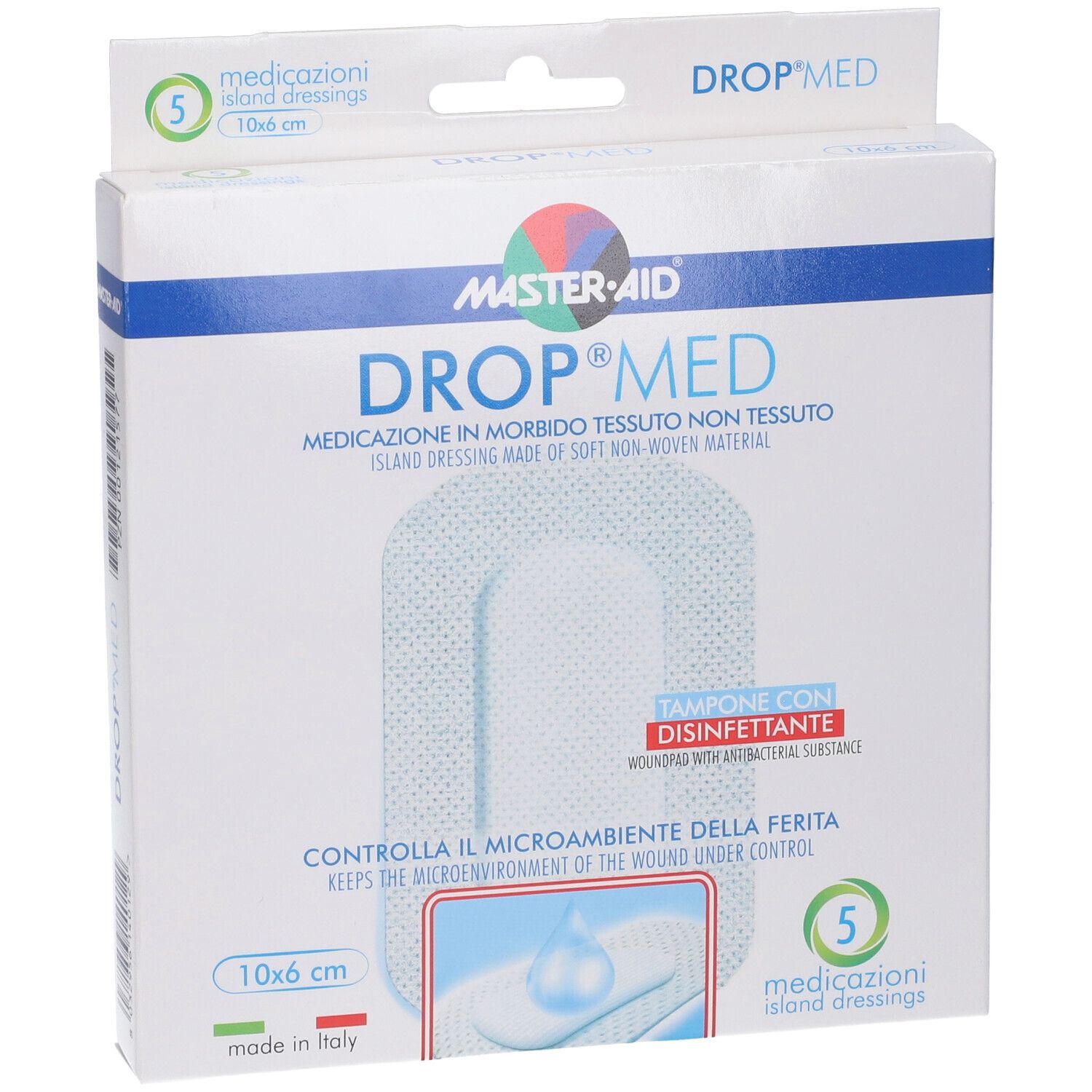 Verpackung von Master-Aid Drop Med, 10x6 cm Tupfer mit Desinfektionsmittel. Enthält 5 Stück. Marke und Produktname deutlich sichtbar.