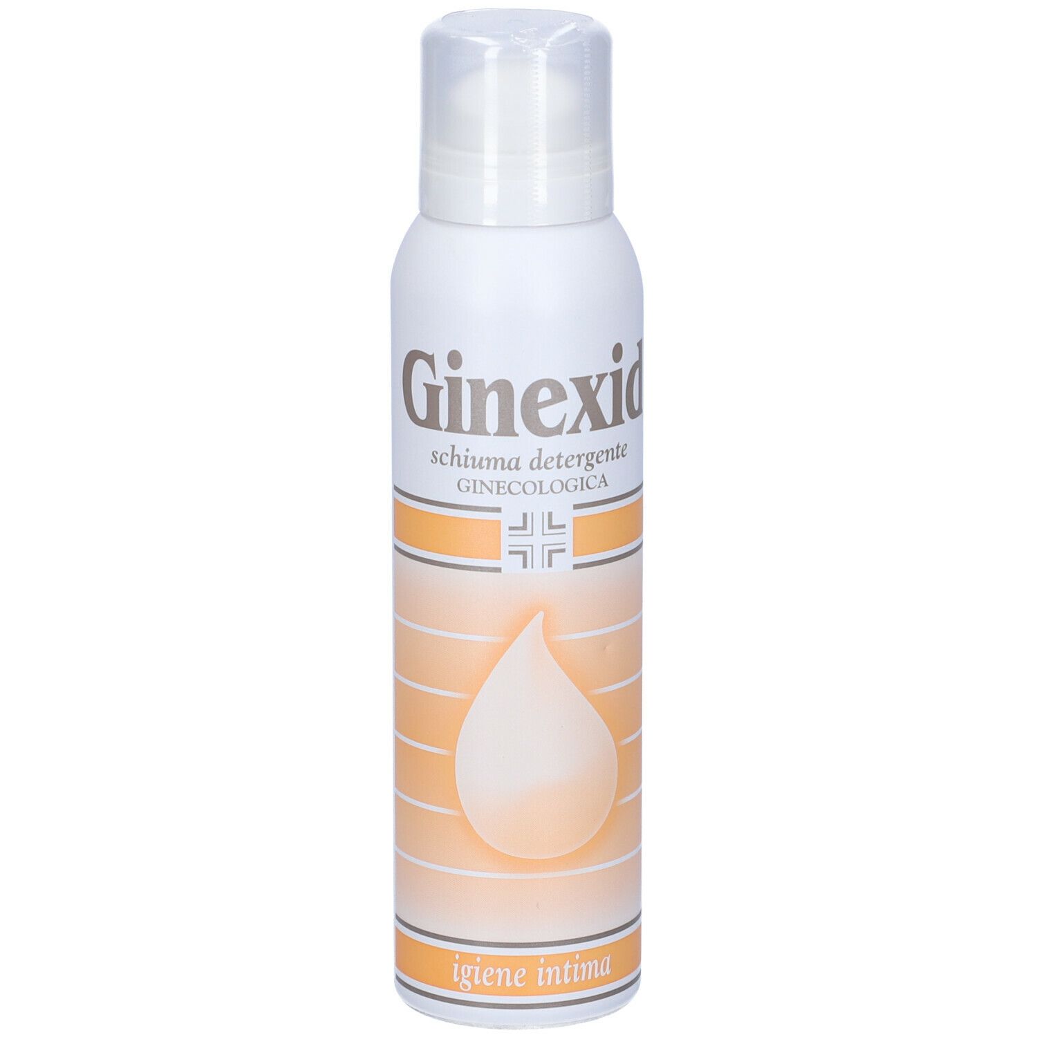 Flacone bianco con erogatore spray. Scritta: Ginexid, schiuma detergente intima. Strisce e design a goccia arancione.