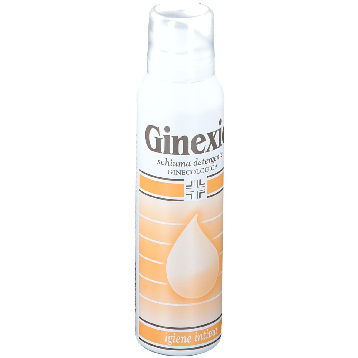 Flacone bianco con erogatore spray. Scritta: Ginexid, schiuma detergente intima. Strisce e design a goccia arancione.