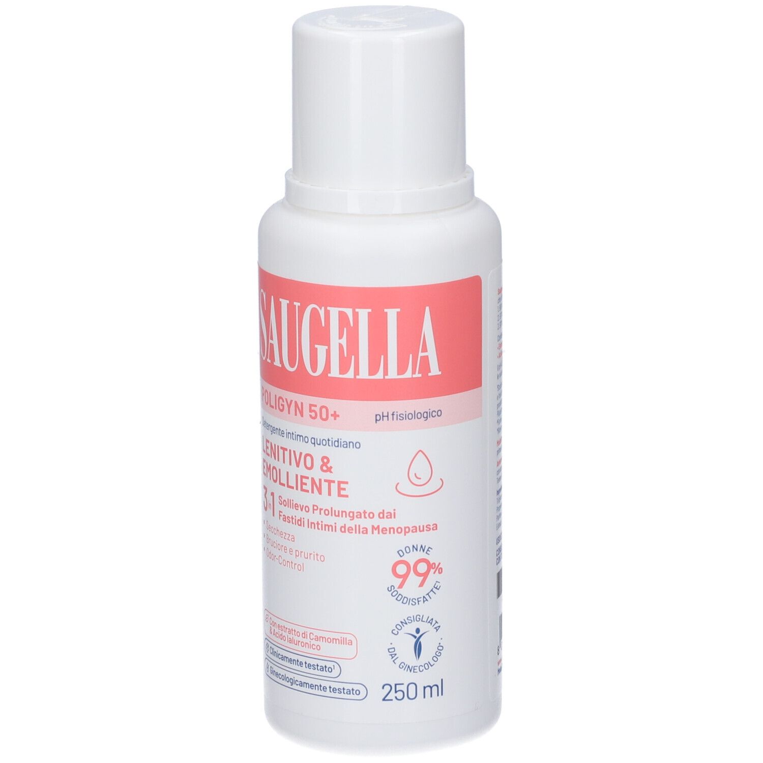 Saugella Polygyn 50+ Intimpflege, 250ml Flasche mit weißem und rosa Etikett.