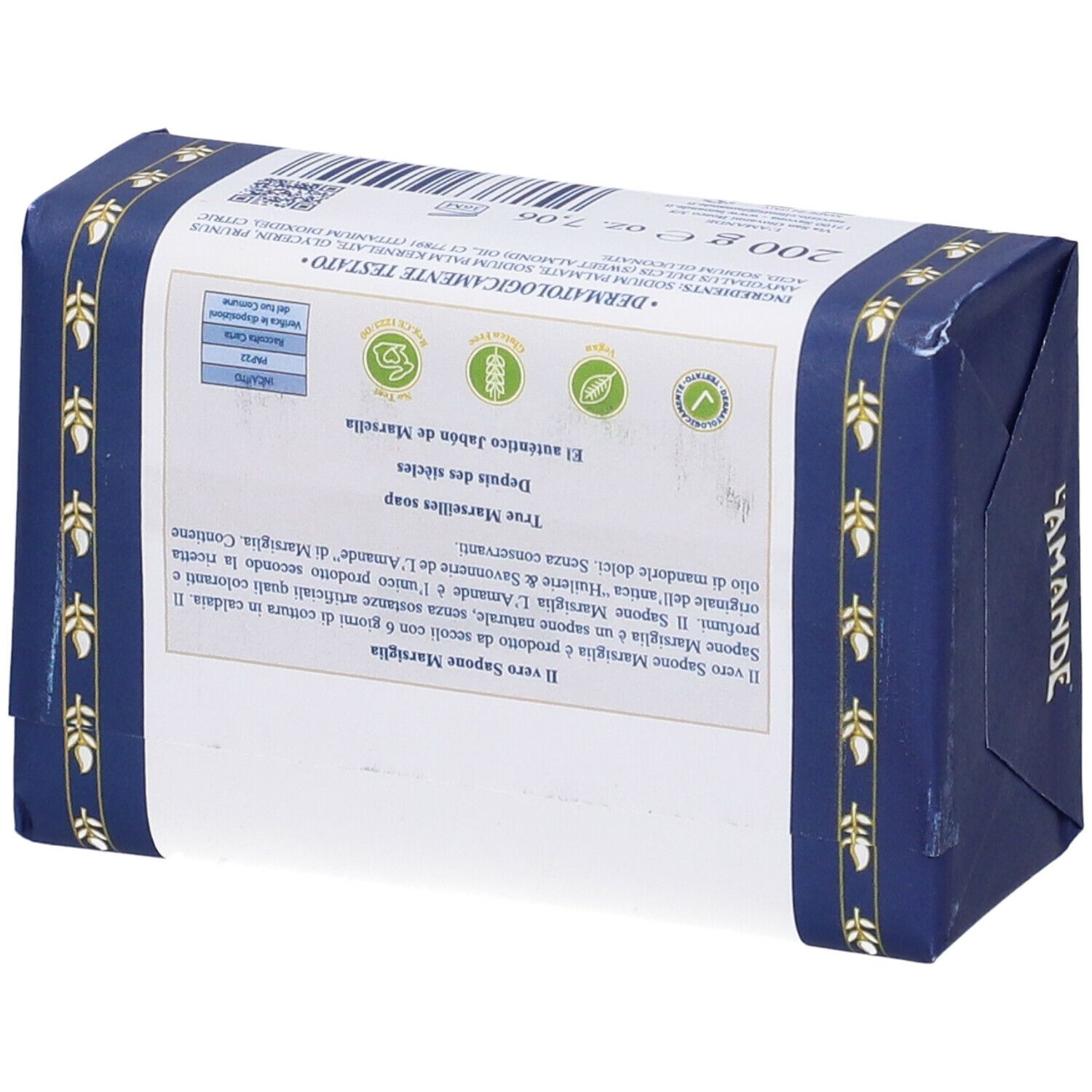 Savon dans emballage bleu, dos. Inscription : L'AMANDE, texte multilingue, logos. Décor doré.