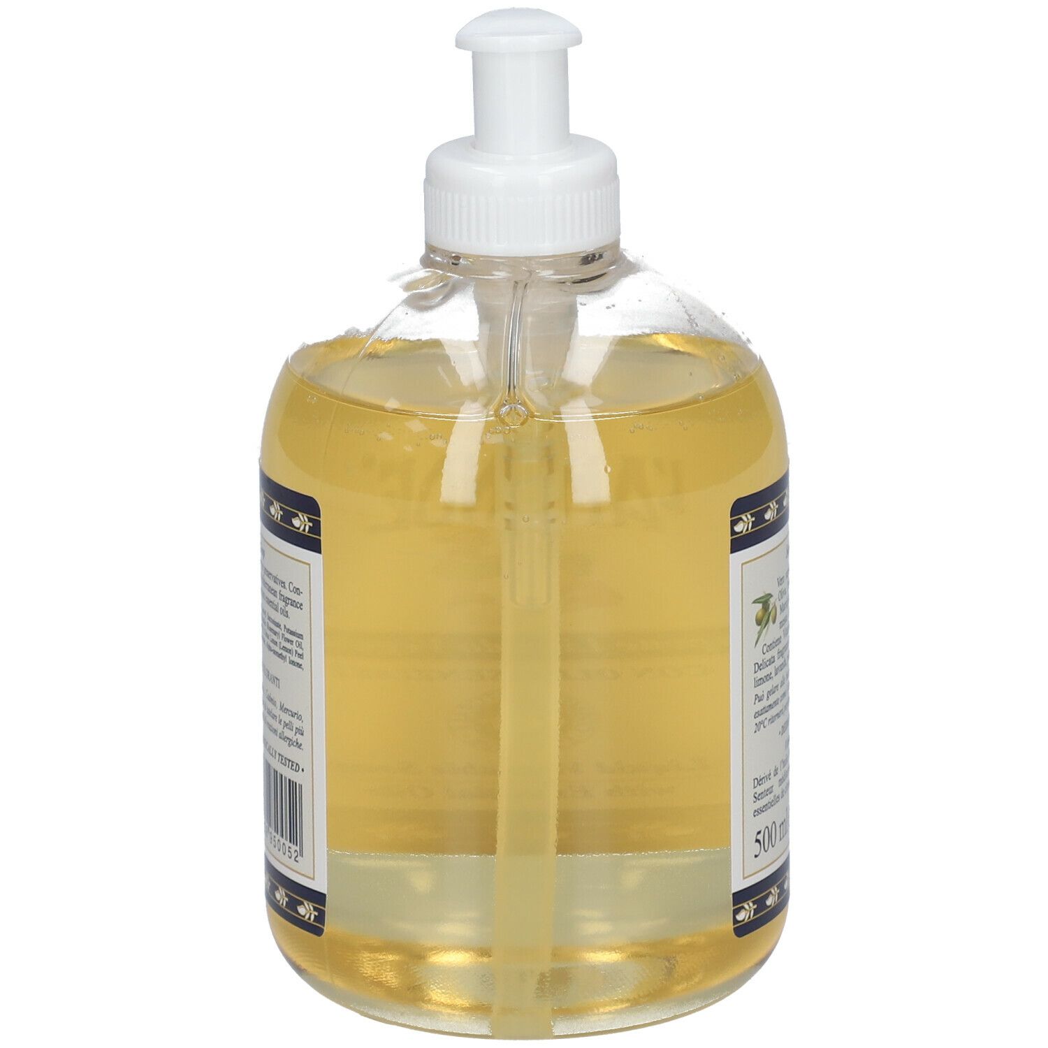 Vista posteriore di un flacone trasparente di sapone liquido con dosatore. Testo in italiano. Nome del prodotto non visibile.