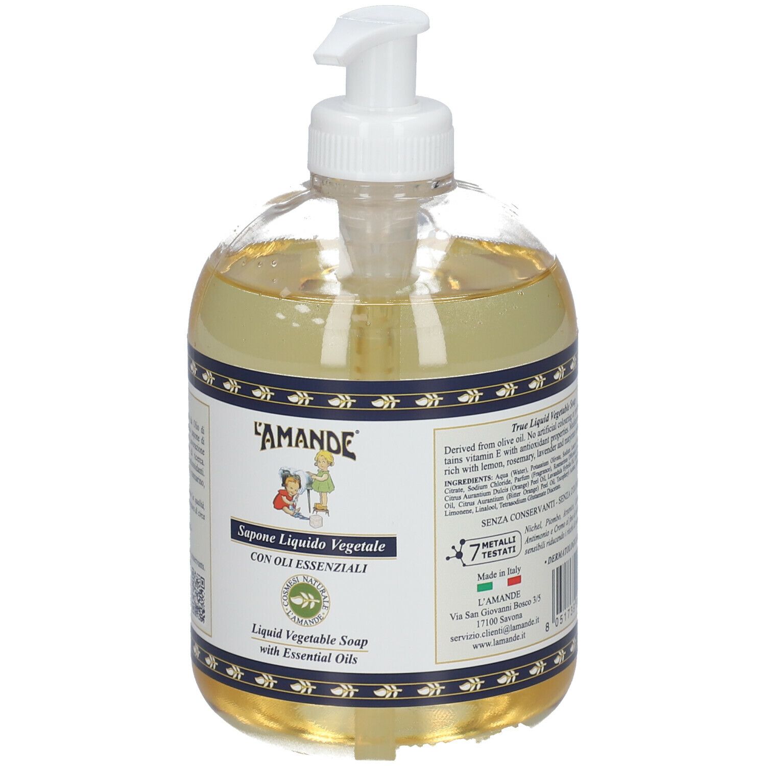Flacone trasparente di sapone liquido con dosatore. Scritta: L'Amande, Sapone Liquido Vegetale, con oli essenziali.