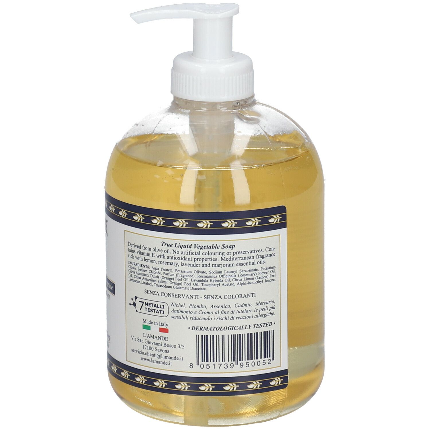Vista posteriore di un flacone trasparente di sapone liquido con dosatore. Testo in italiano. Nome del prodotto non visibile.