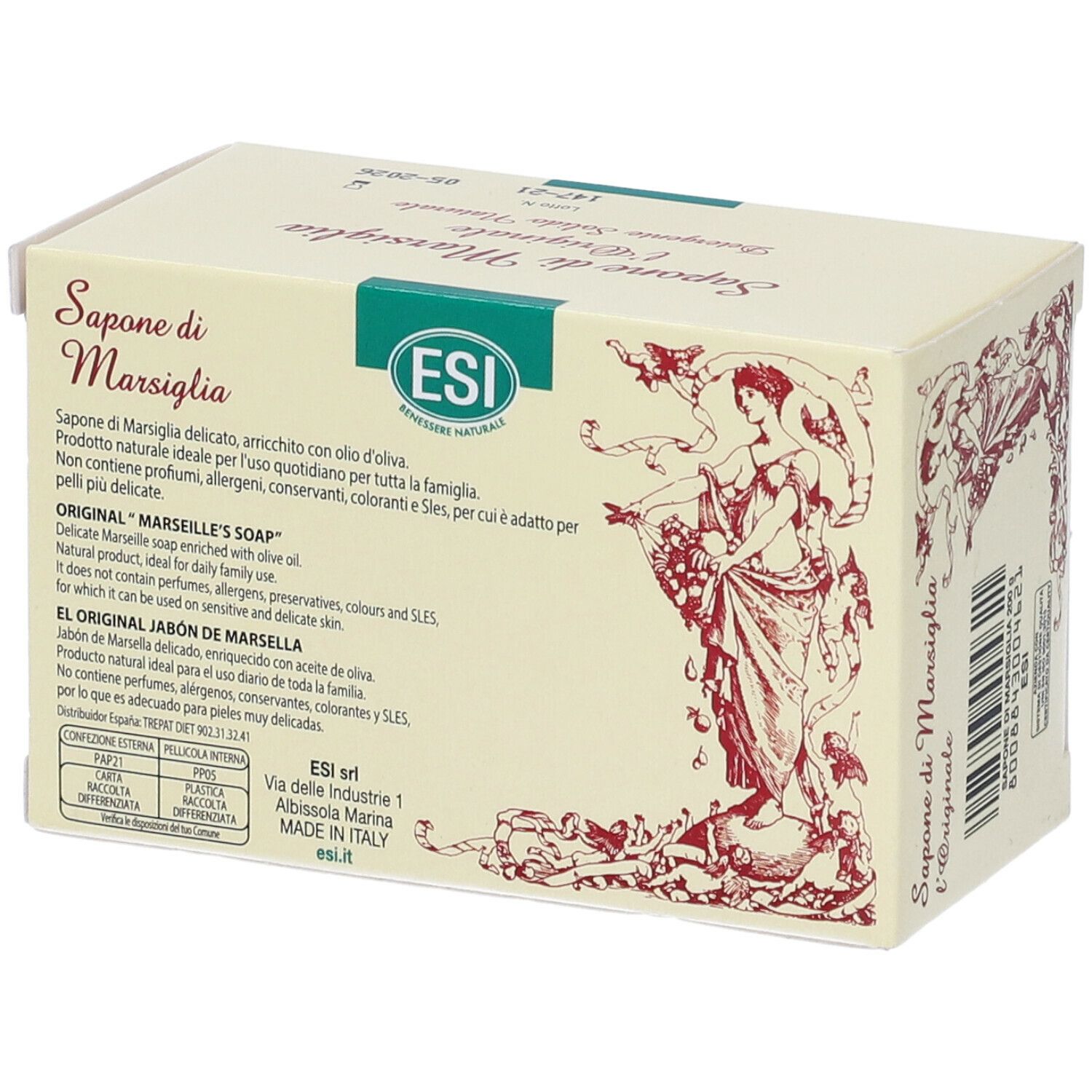 Verpackung "Sapone di Marsiglia l'Originale". 200g. Dermatologisch getest. Für empfindliche Haut. Ohne Duftstoffe.