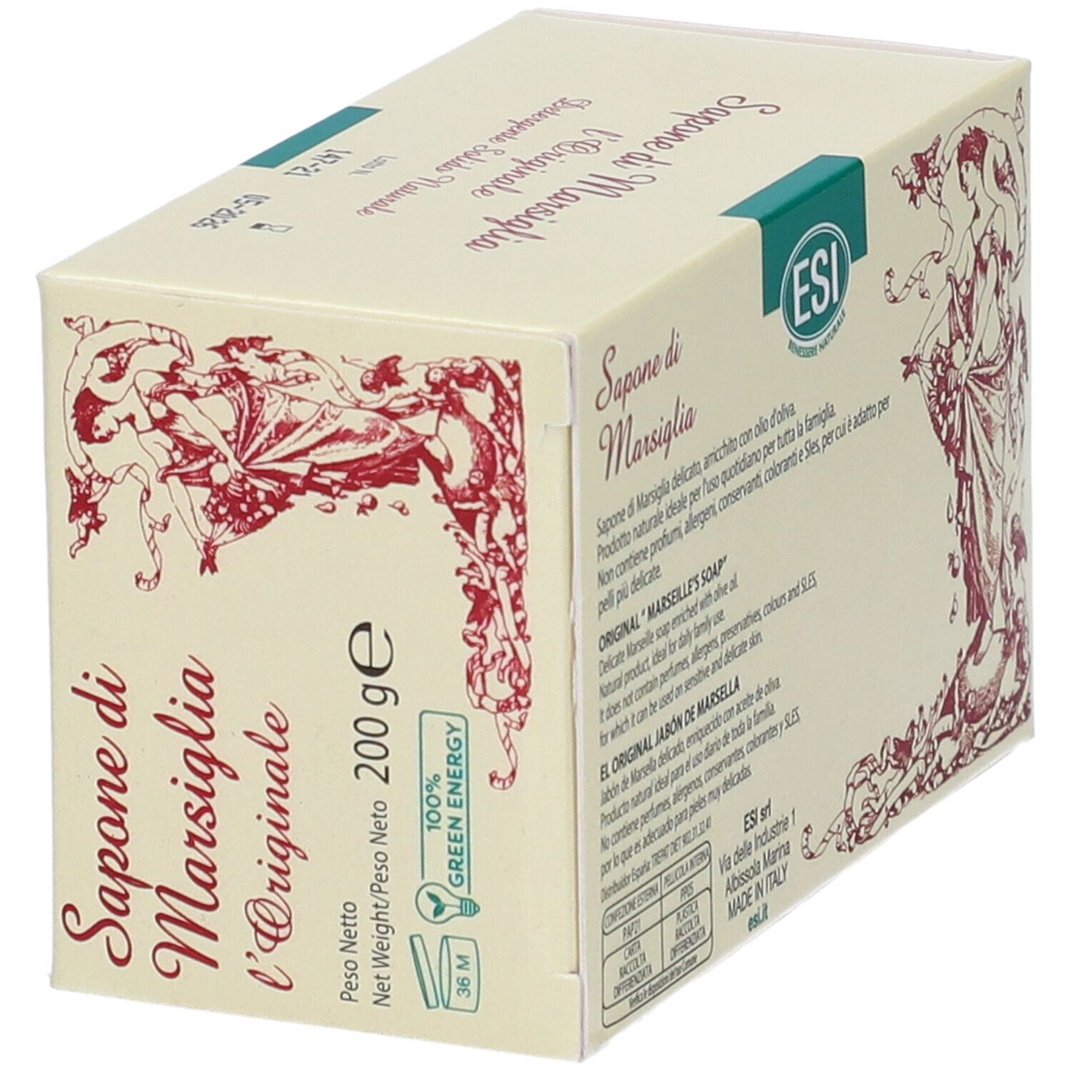 Verpackung "Sapone di Marsiglia l'Originale". 200g. Dermatologisch getest. Für empfindliche Haut. Ohne Duftstoffe.
