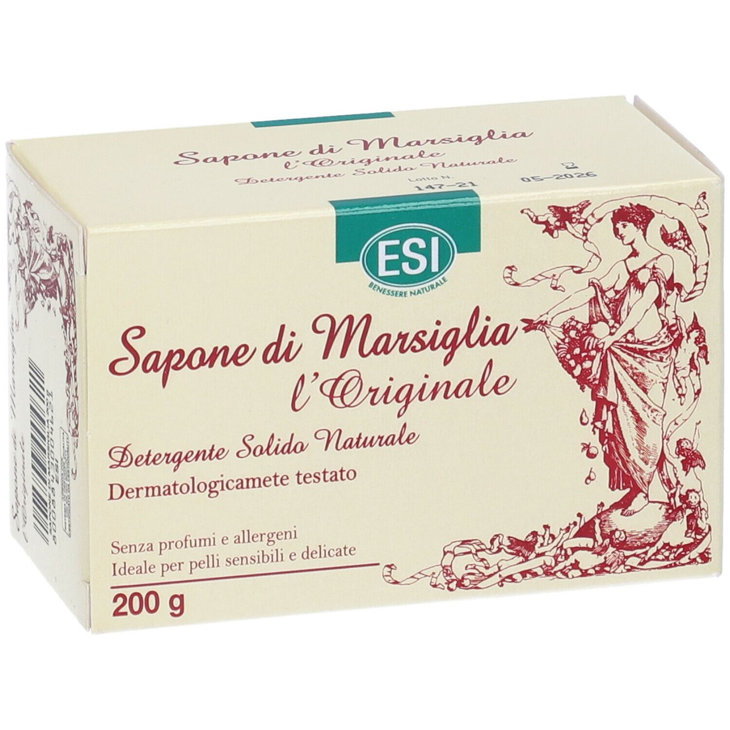 Verpackung "Sapone di Marsiglia l'Originale". 200g. Dermatologisch getest. Für empfindliche Haut. Ohne Duftstoffe.