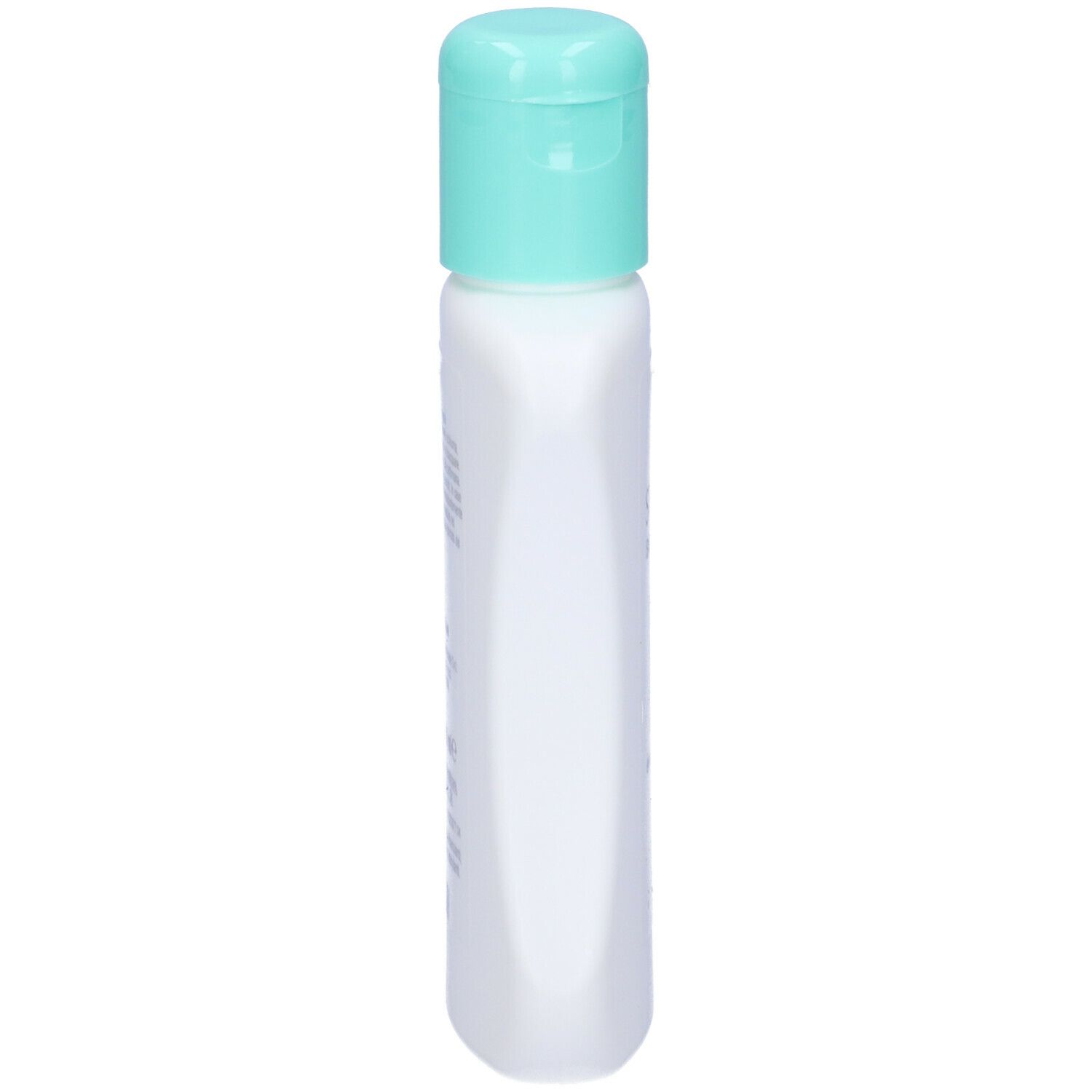 Flacon blanc avec bouchon turquoise. Vue latérale. Aucun autre détail visible.